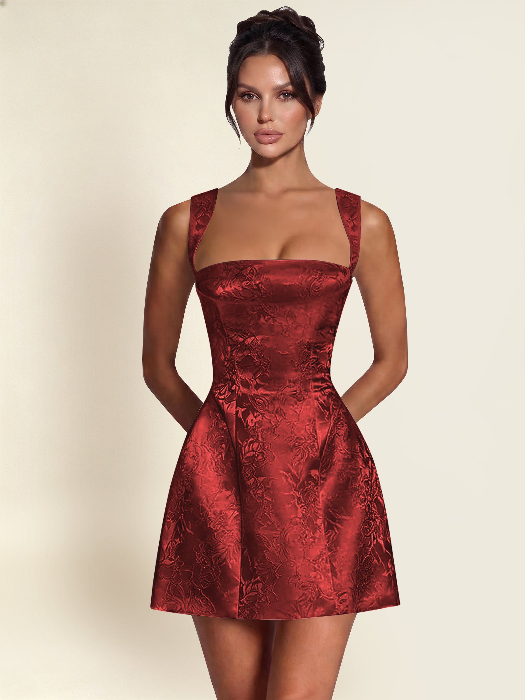ROVDESY A-Line Square Neck Jacquard Satin Homecoming Mini Dress
