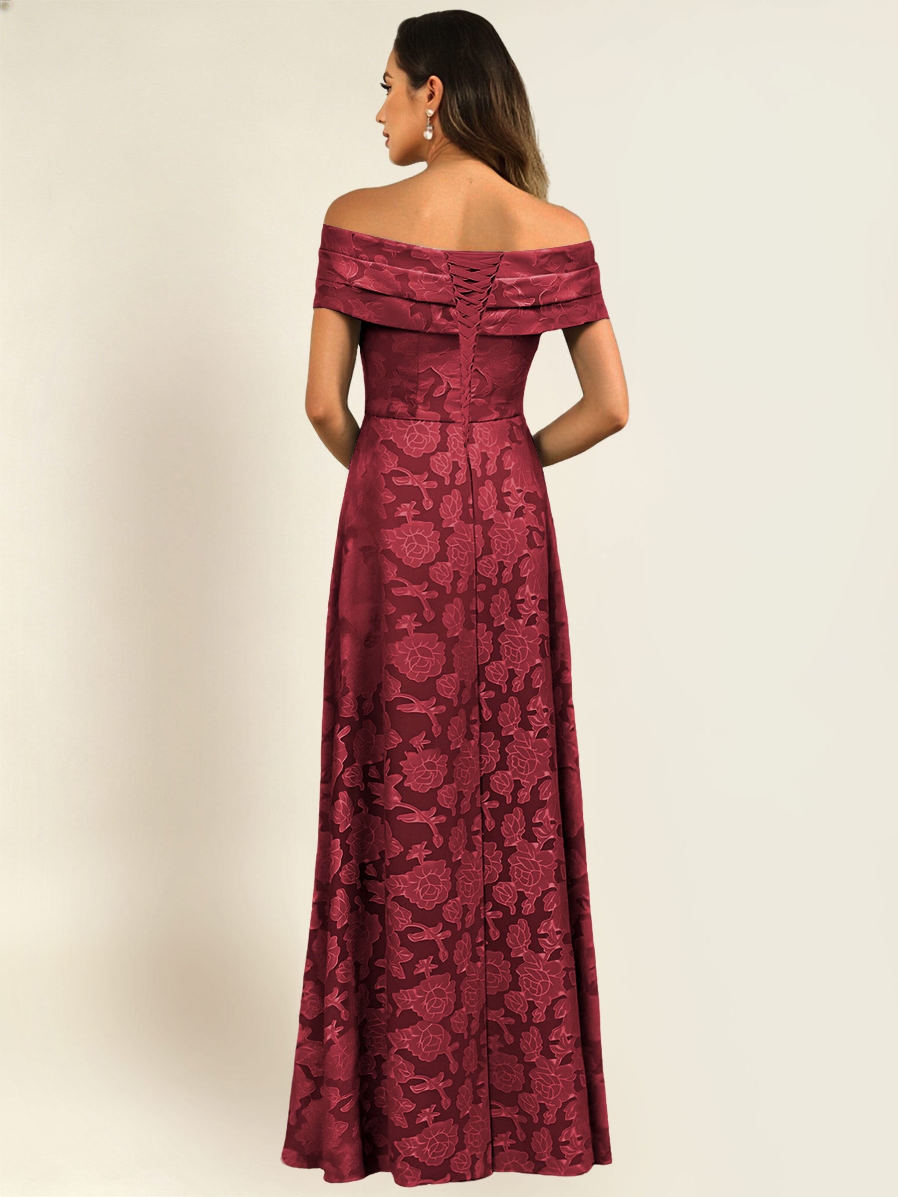 ROVDESY Off the Shoulder Floral Jacquard A-Line Long Mother of the Bride Dress