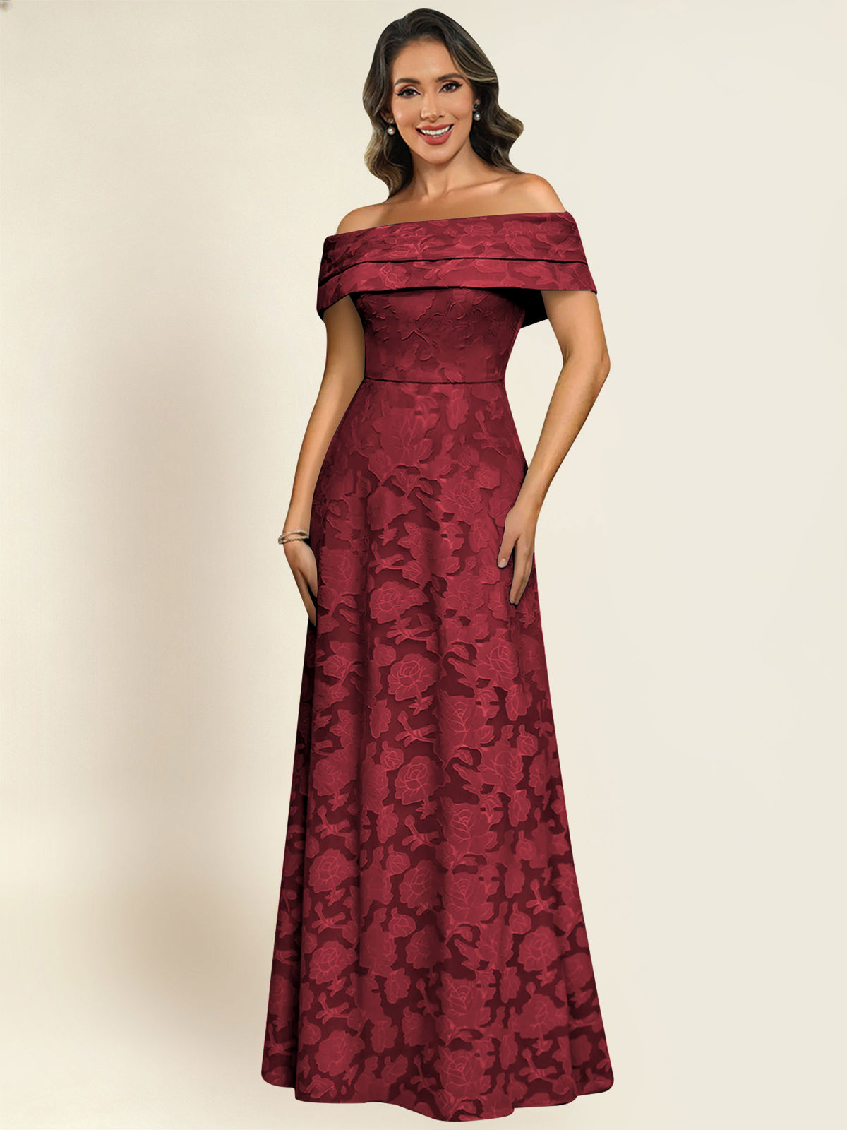 ROVDESY Off the Shoulder Floral Jacquard A-Line Long Mother of the Bride Dress