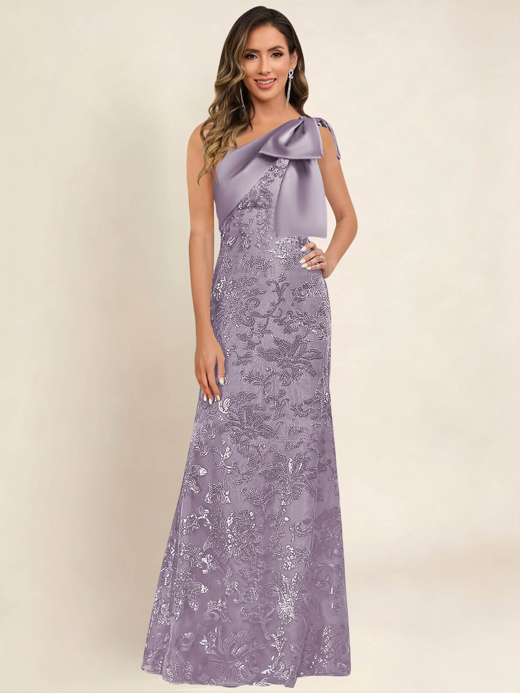 ROVDESY One Shoulder Sequin Mermaid Long Mother Of The Bride Dress Formal Gown With Bow
