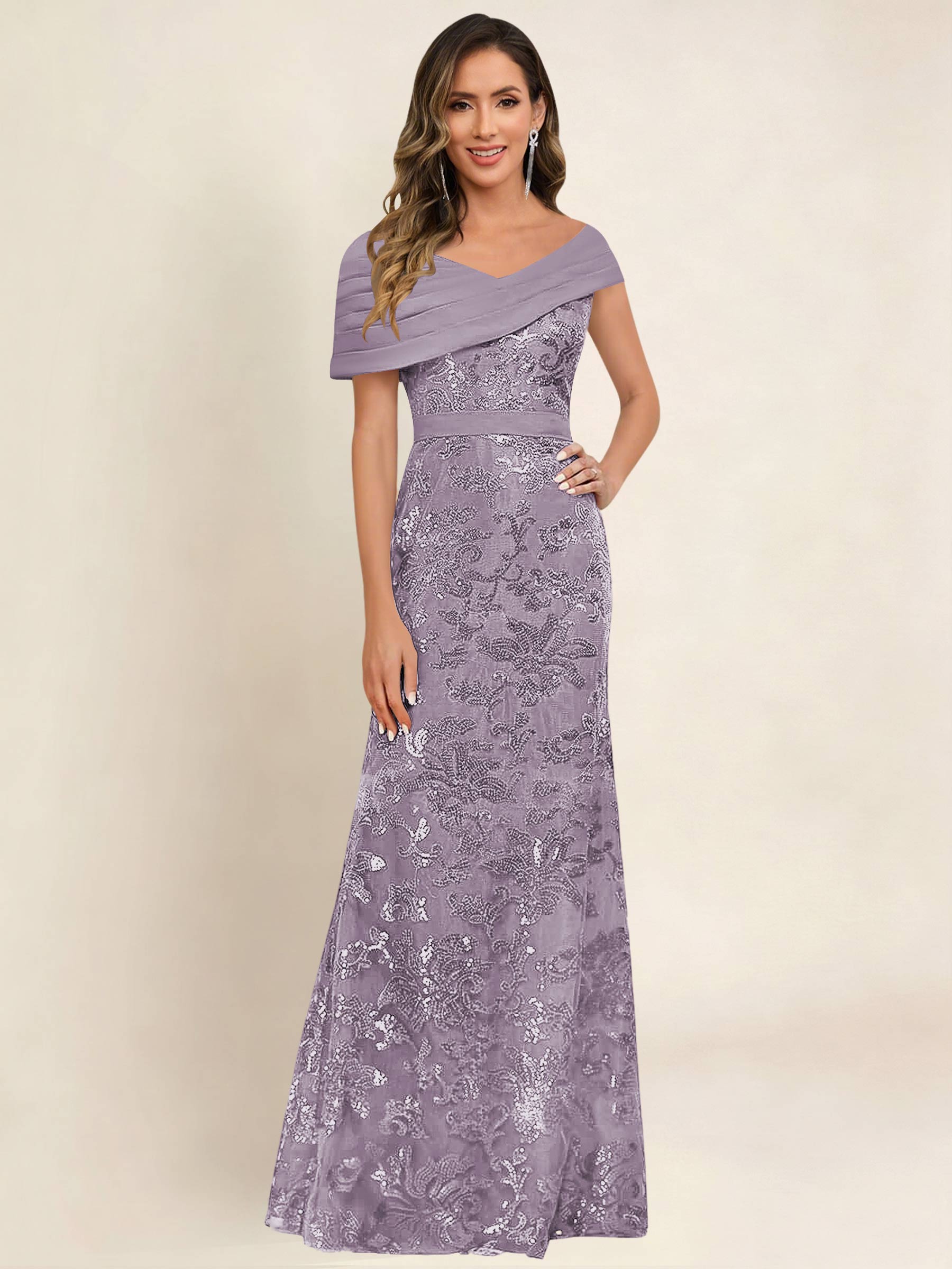 ROVDESY Off the Shoulder Sequin Mermaid Long Mother Of The Bride Dress Formal Gown