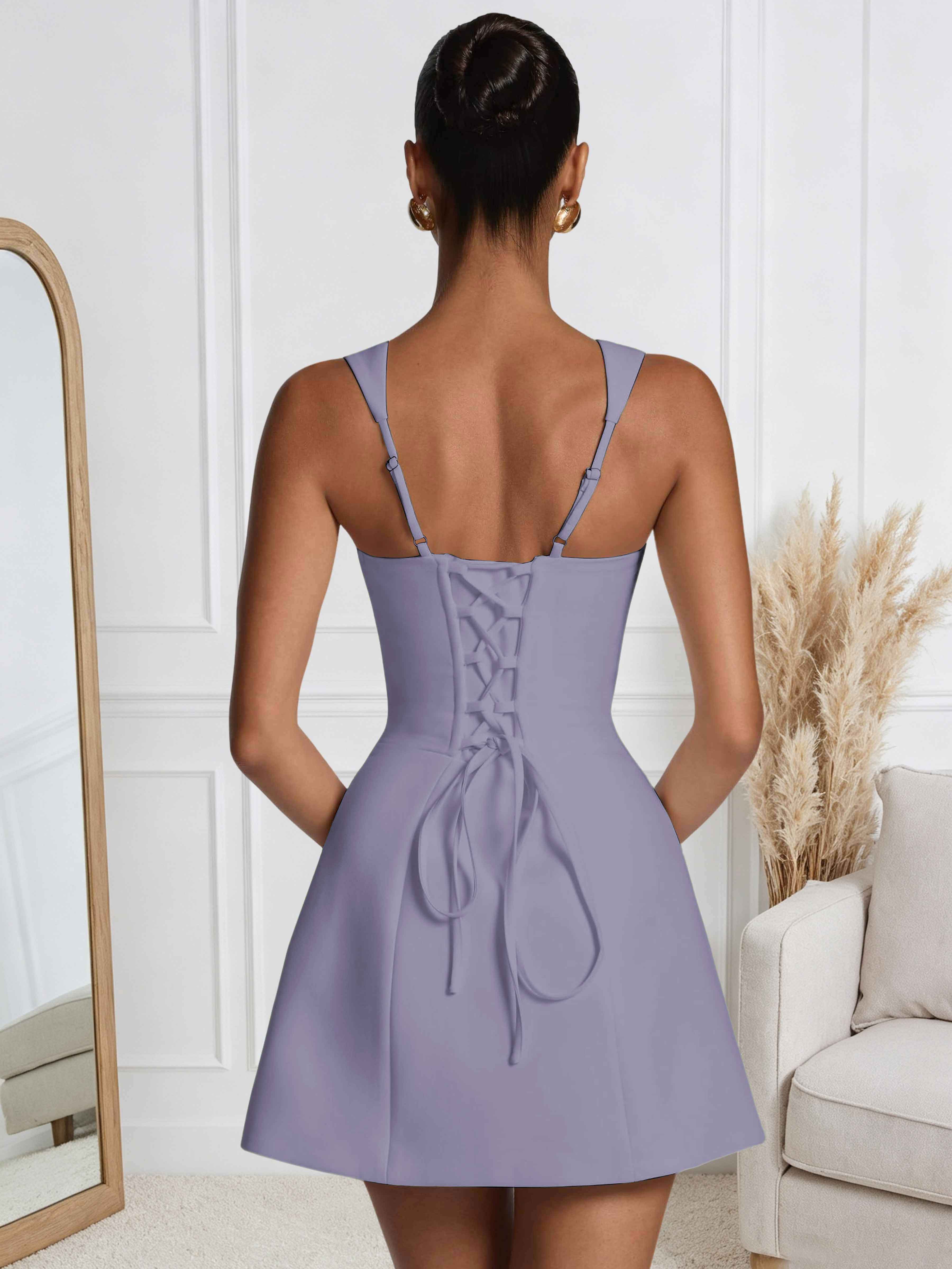 ROVDESY A-Line Square Neck Satin Homecoming Mini Dress