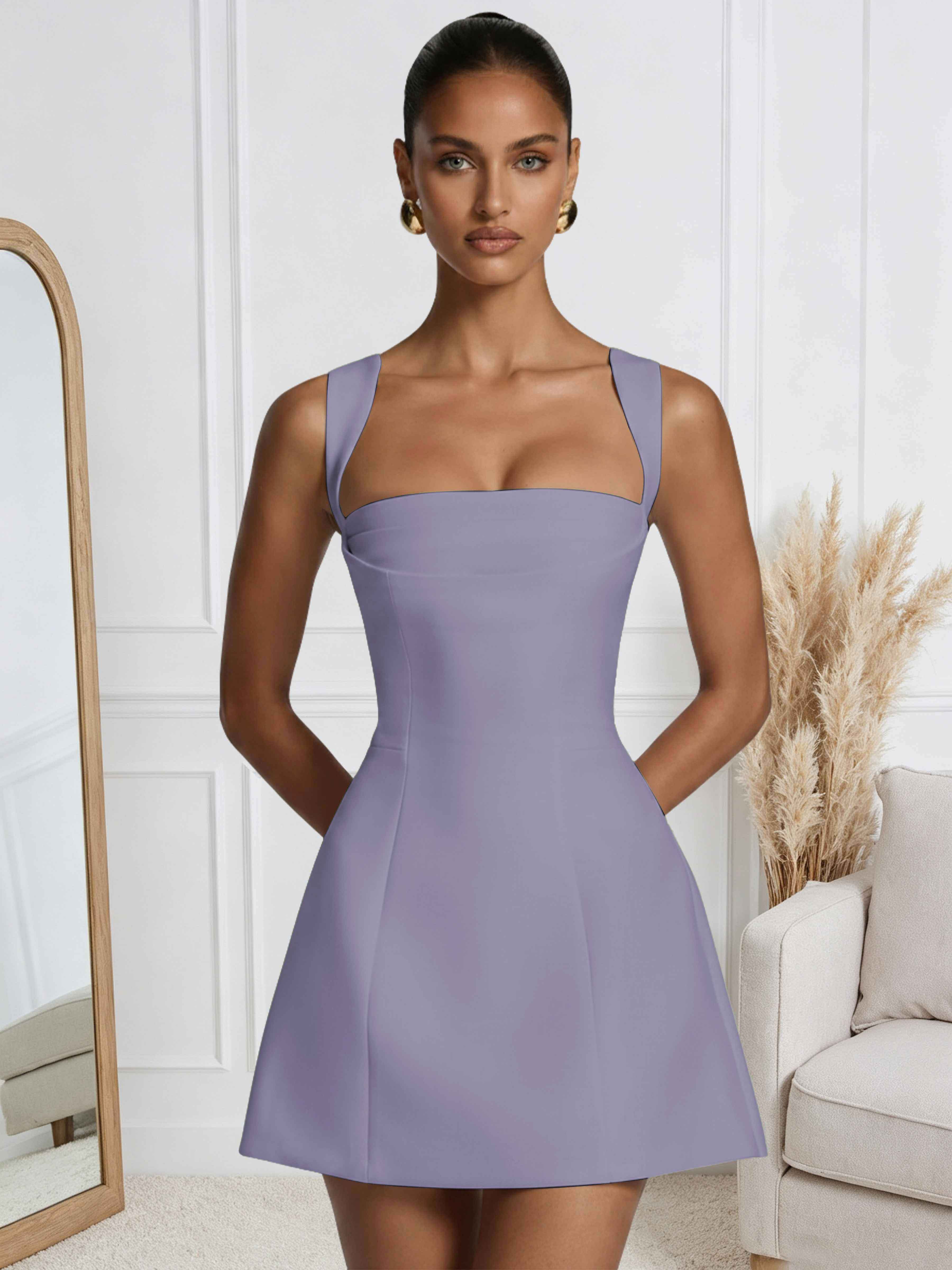ROVDESY A-Line Square Neck Satin Homecoming Mini Dress