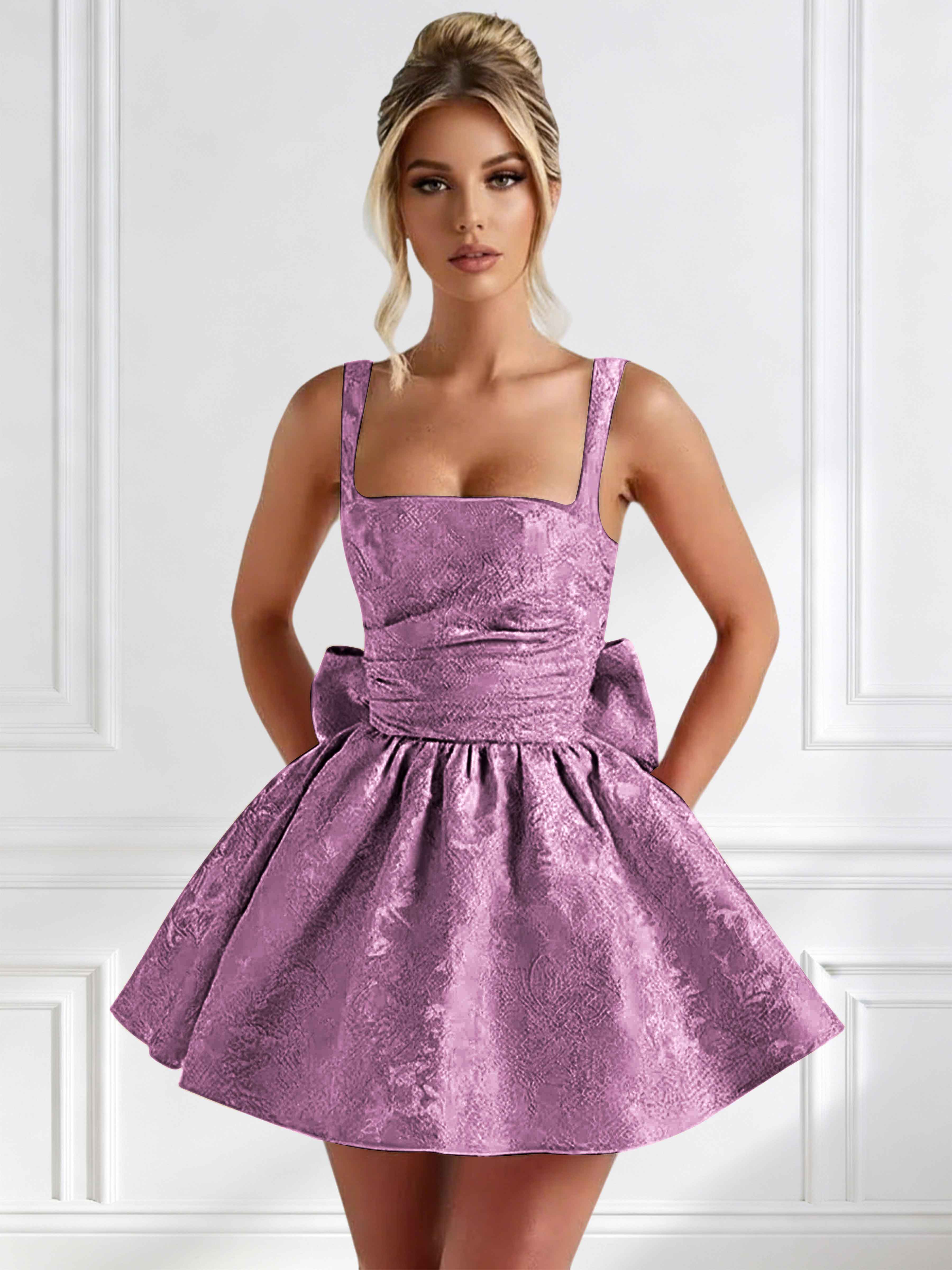 ROVDESY A-Line Square Neck Jacquard Satin Homecoming Mini Dress With Big Bow
