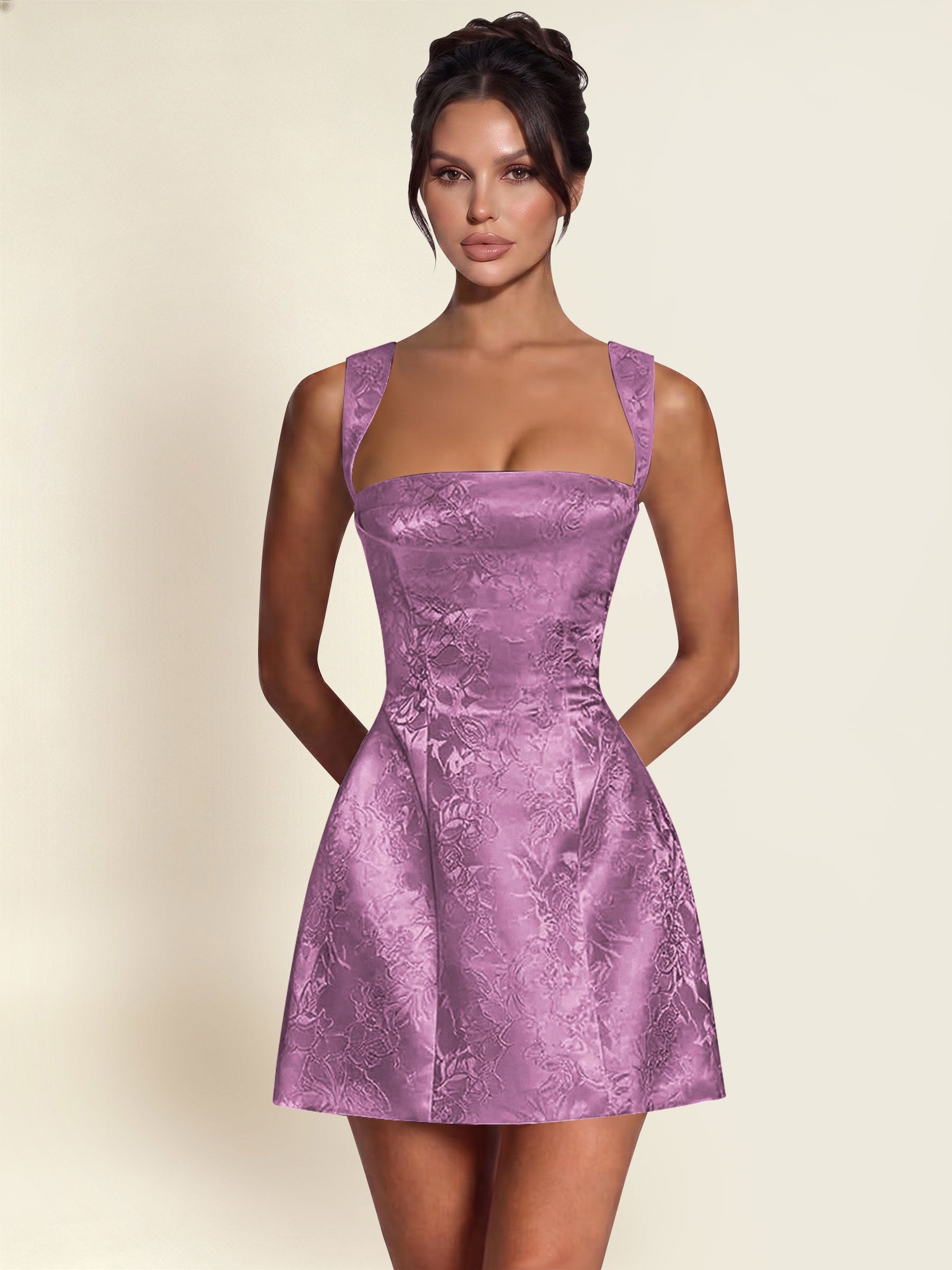 ROVDESY A-Line Square Neck Jacquard Satin Homecoming Mini Dress
