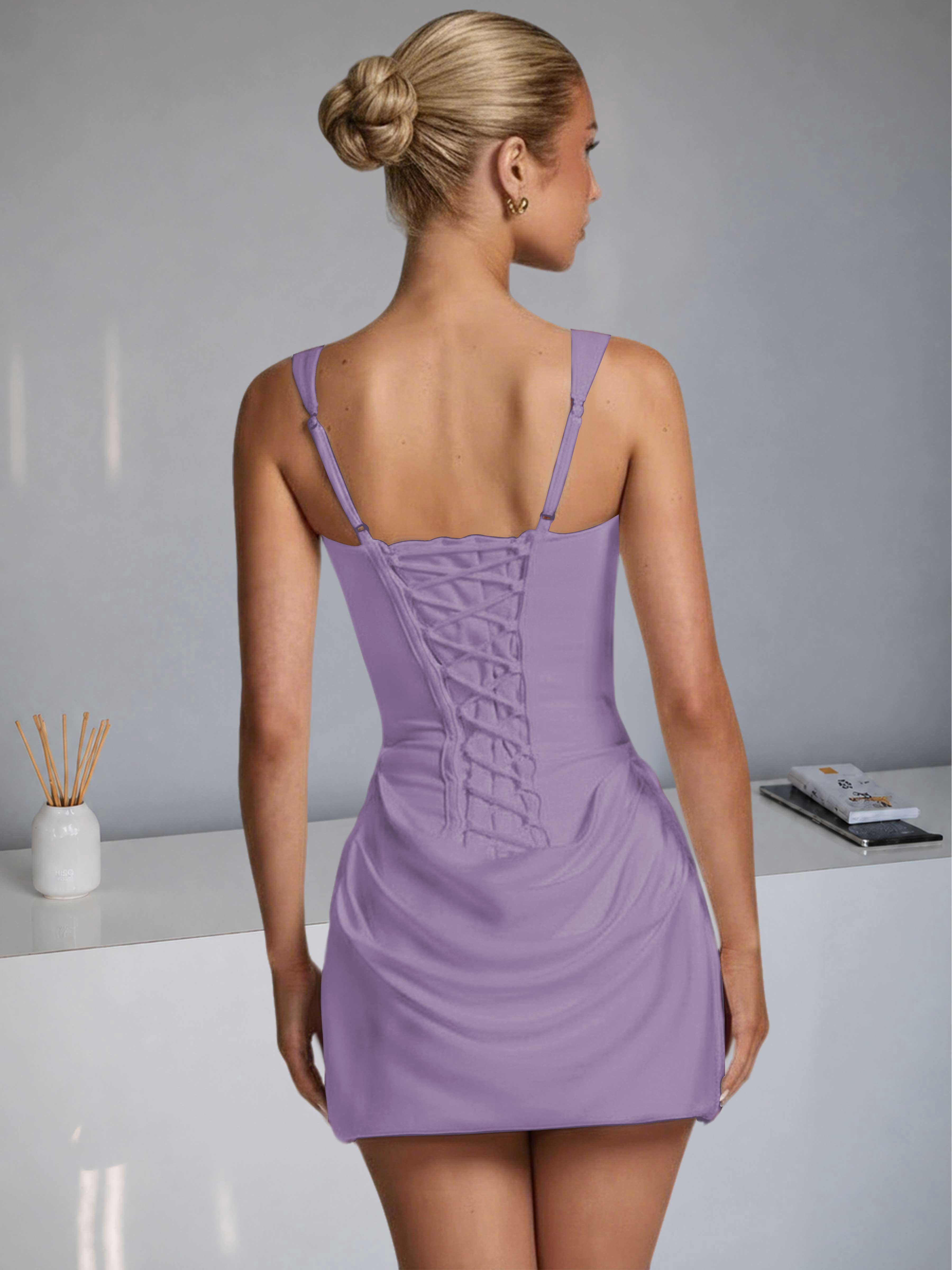 ROVDESY Square Neck Ruched Satin Homecoming Mini Dress