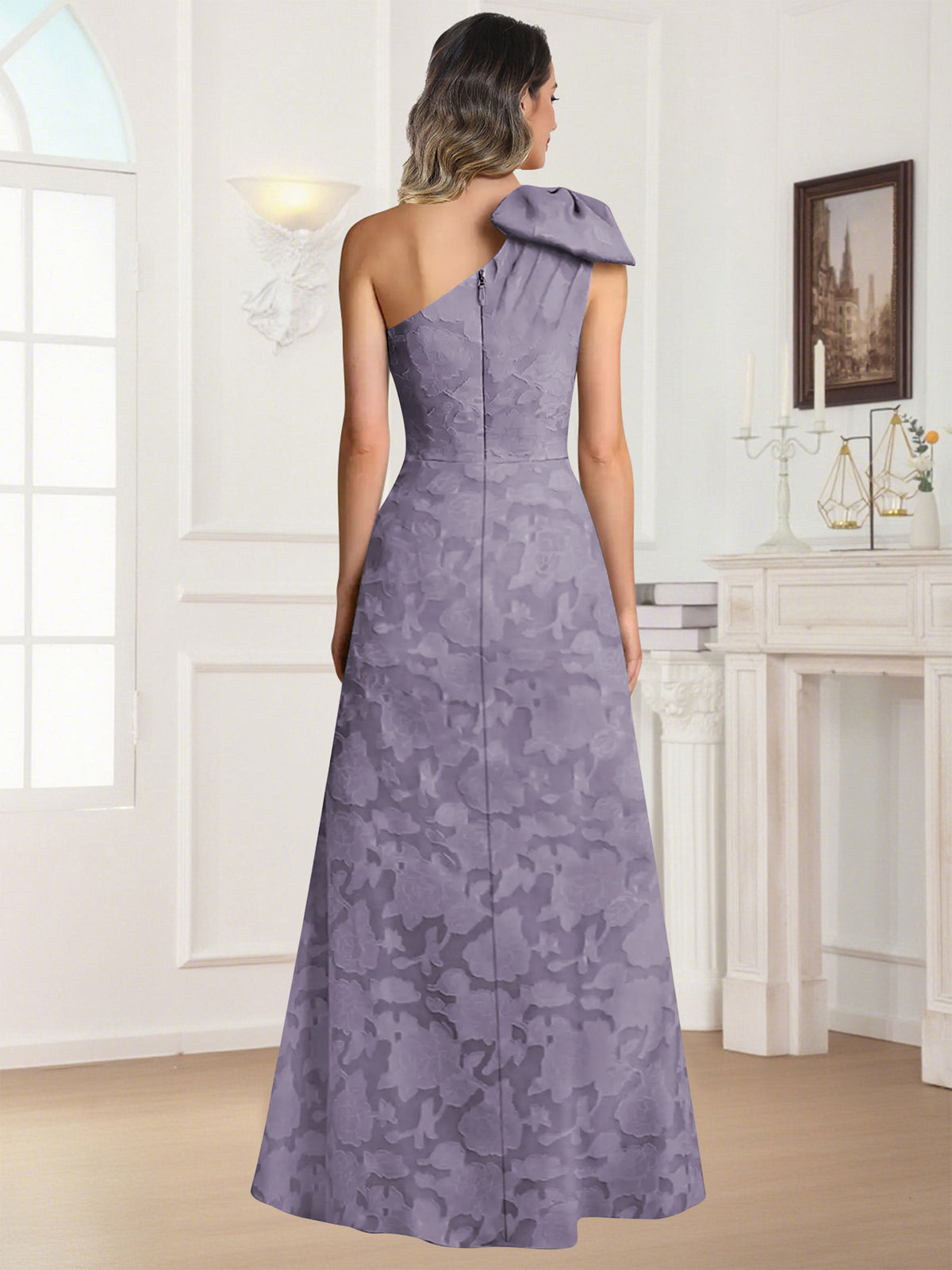 One Shoulder Floral Jacquard Mother of the Bride Dress