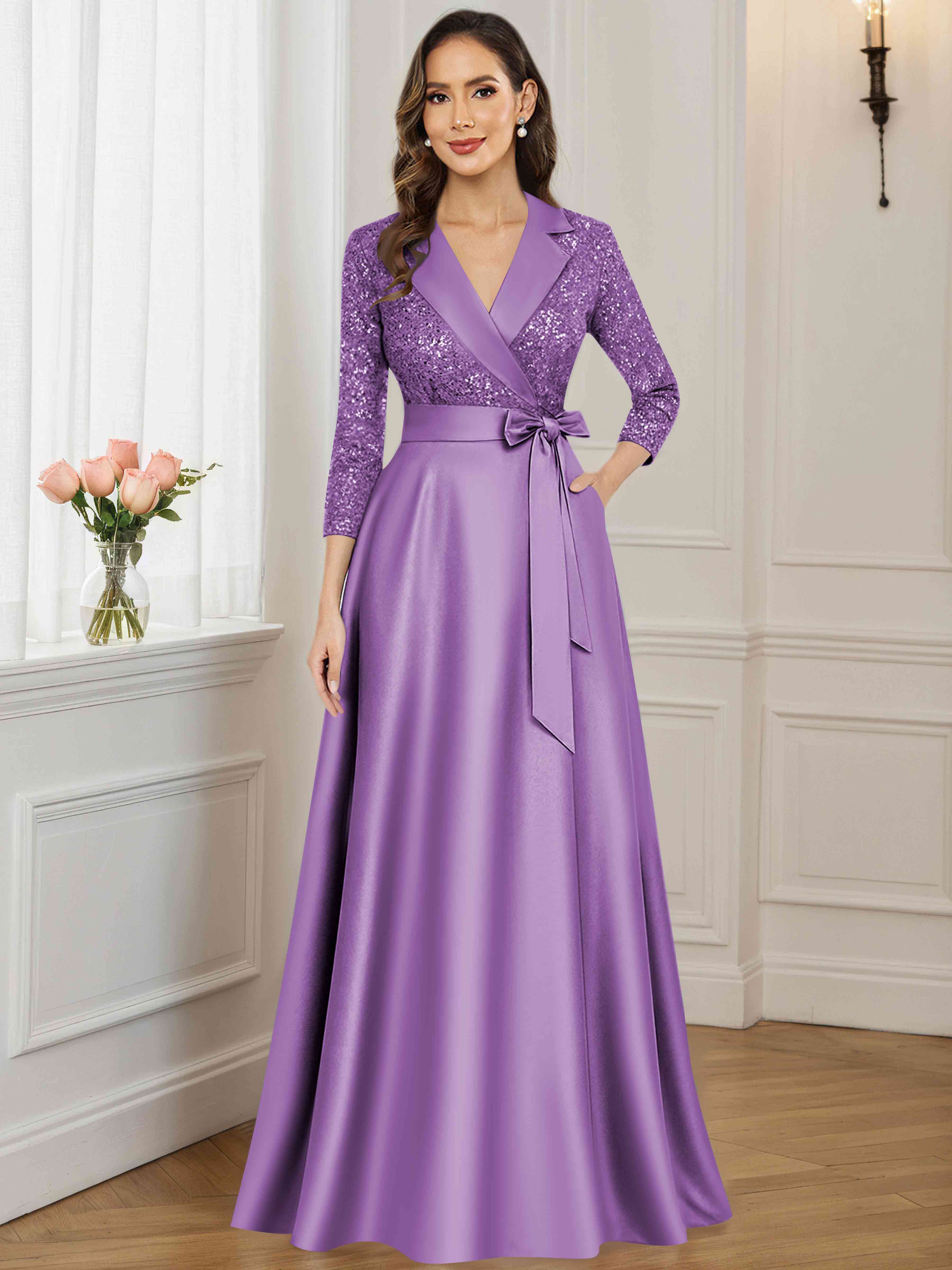 ROVDESY A-Line V Neck Sequin Satin  Long Mother of The Bride Dress Formal Gown With 3/4 Sleeves