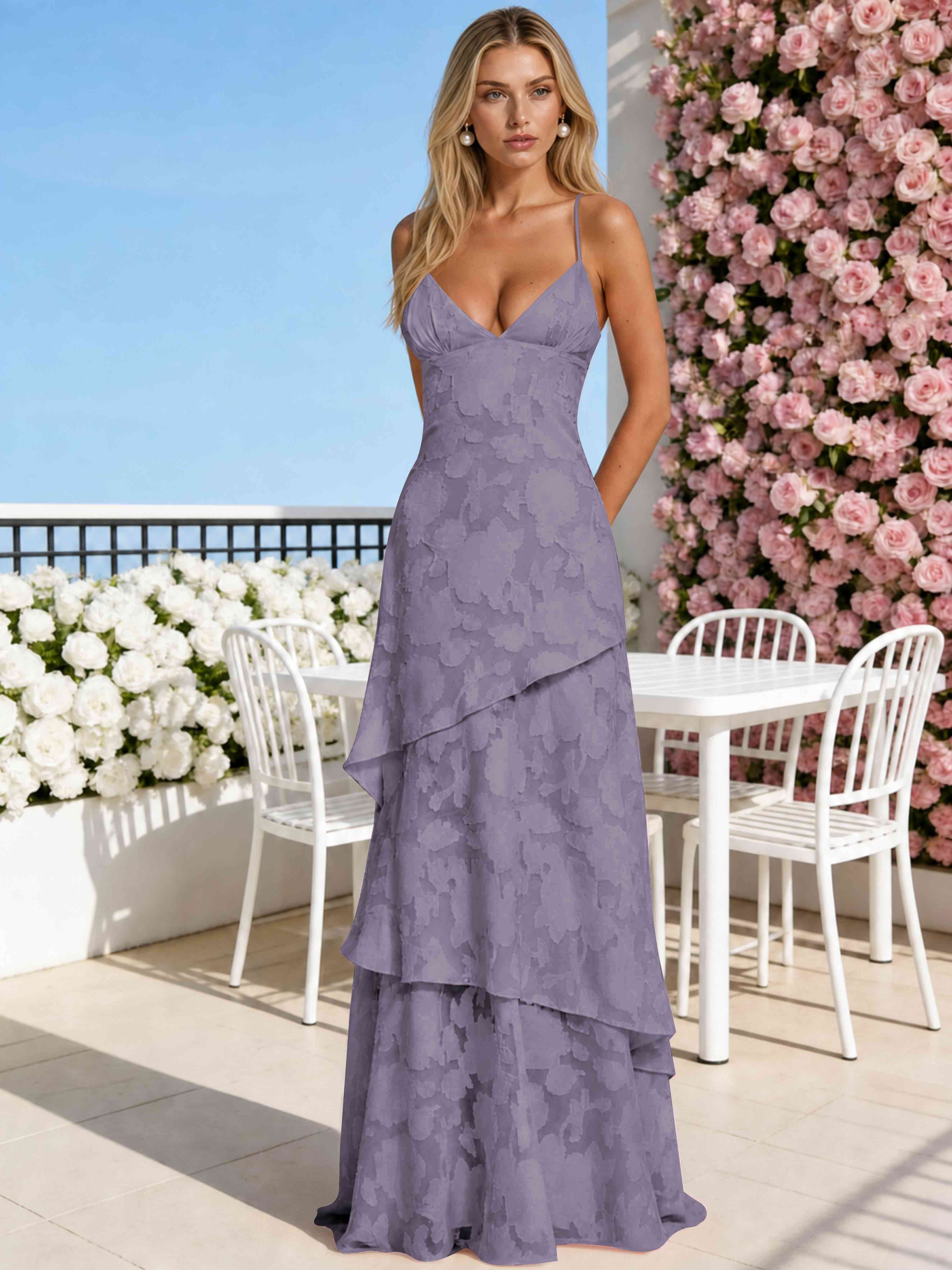 ROVDESY Spaghetti Strap V-Neck Chiffon Jacquard Tiered Ruffle Long Bridesmaid/Prom Dress