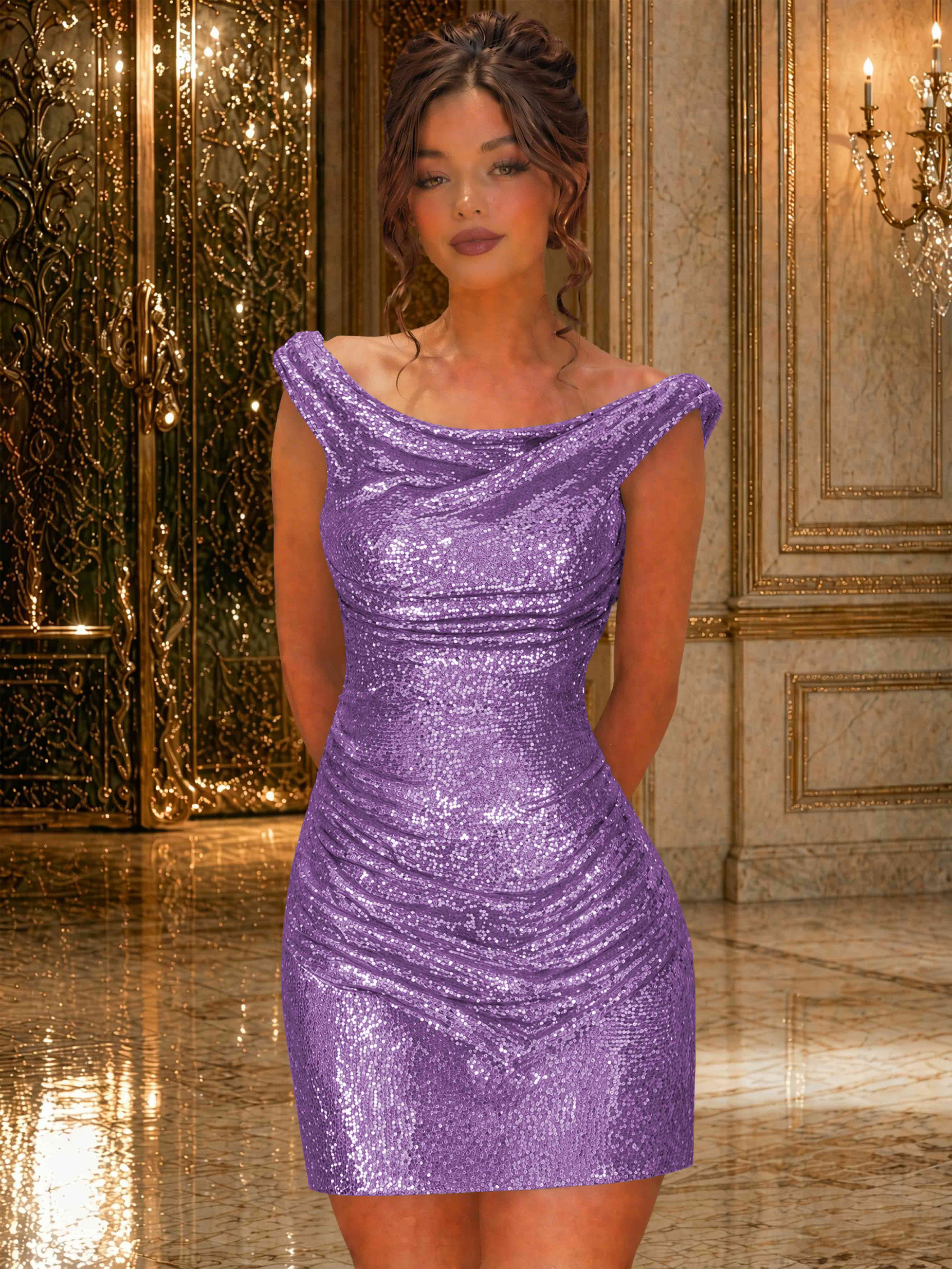 ROVDES Sparkly Off The Shoulder Ruched Sequin Tight Homecoming Mini Dress