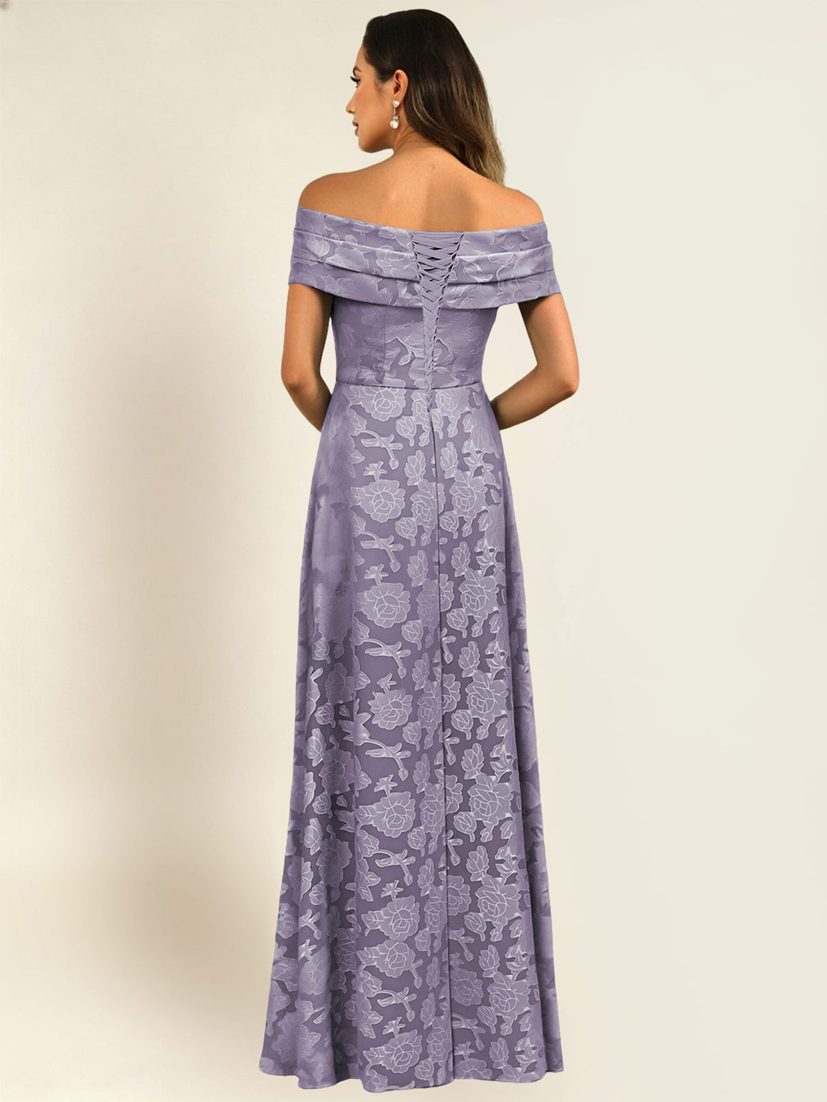 ROVDESY Off the Shoulder Floral Jacquard A-Line Long Mother of the Bride Dress