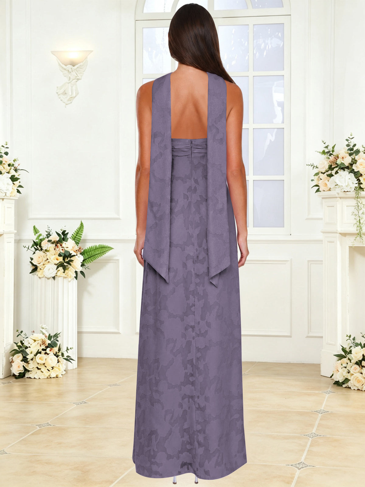 Spaghetti Strap Ruched Floral Jacquard A Line Bridesmaid Dress with Scarf