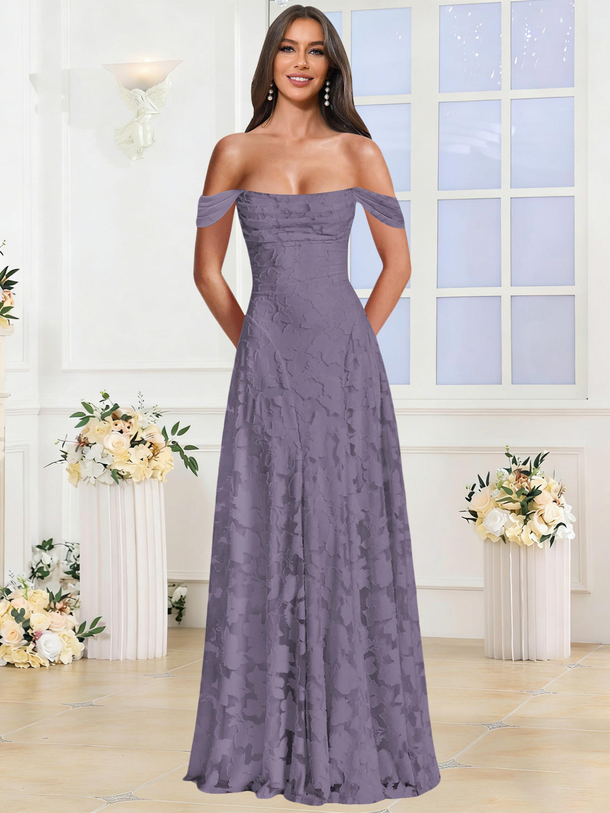 Off the Shoulder Floral Ruched A-line Bridesmaid Dress