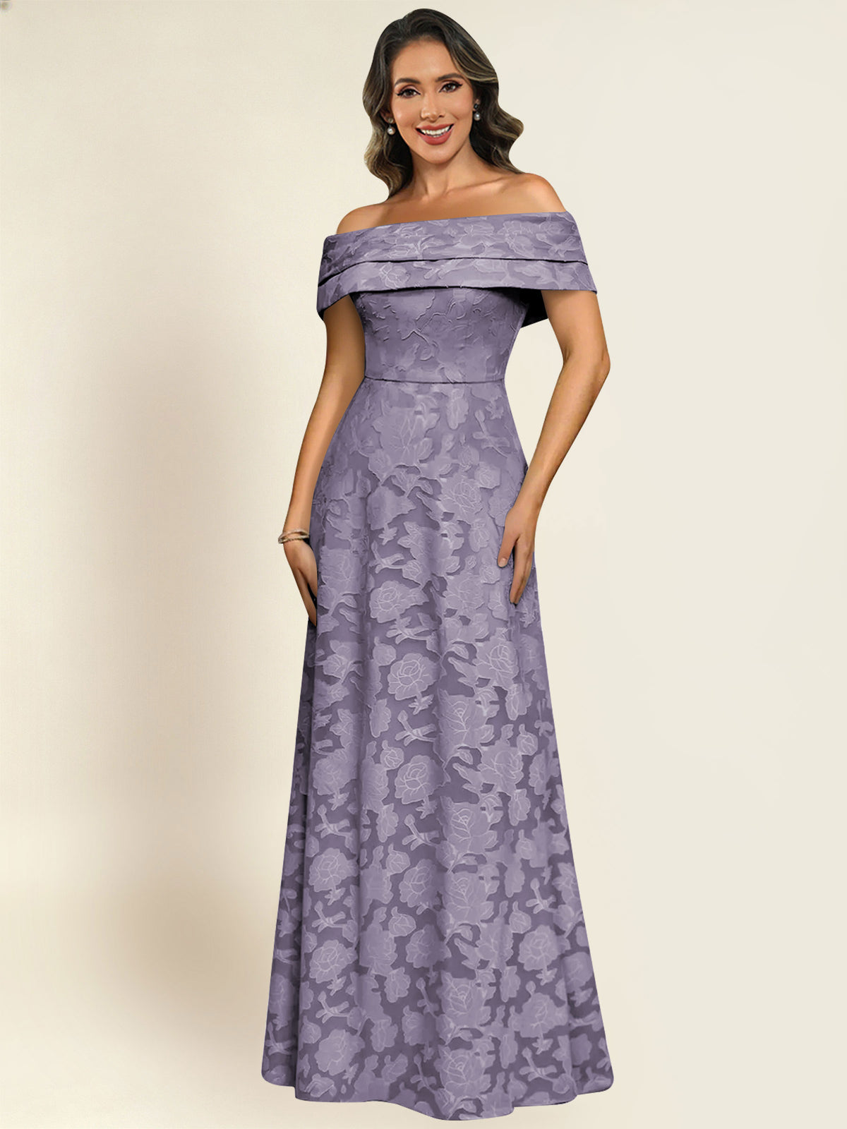 ROVDESY Off the Shoulder Floral Jacquard A-Line Long Mother of the Bride Dress