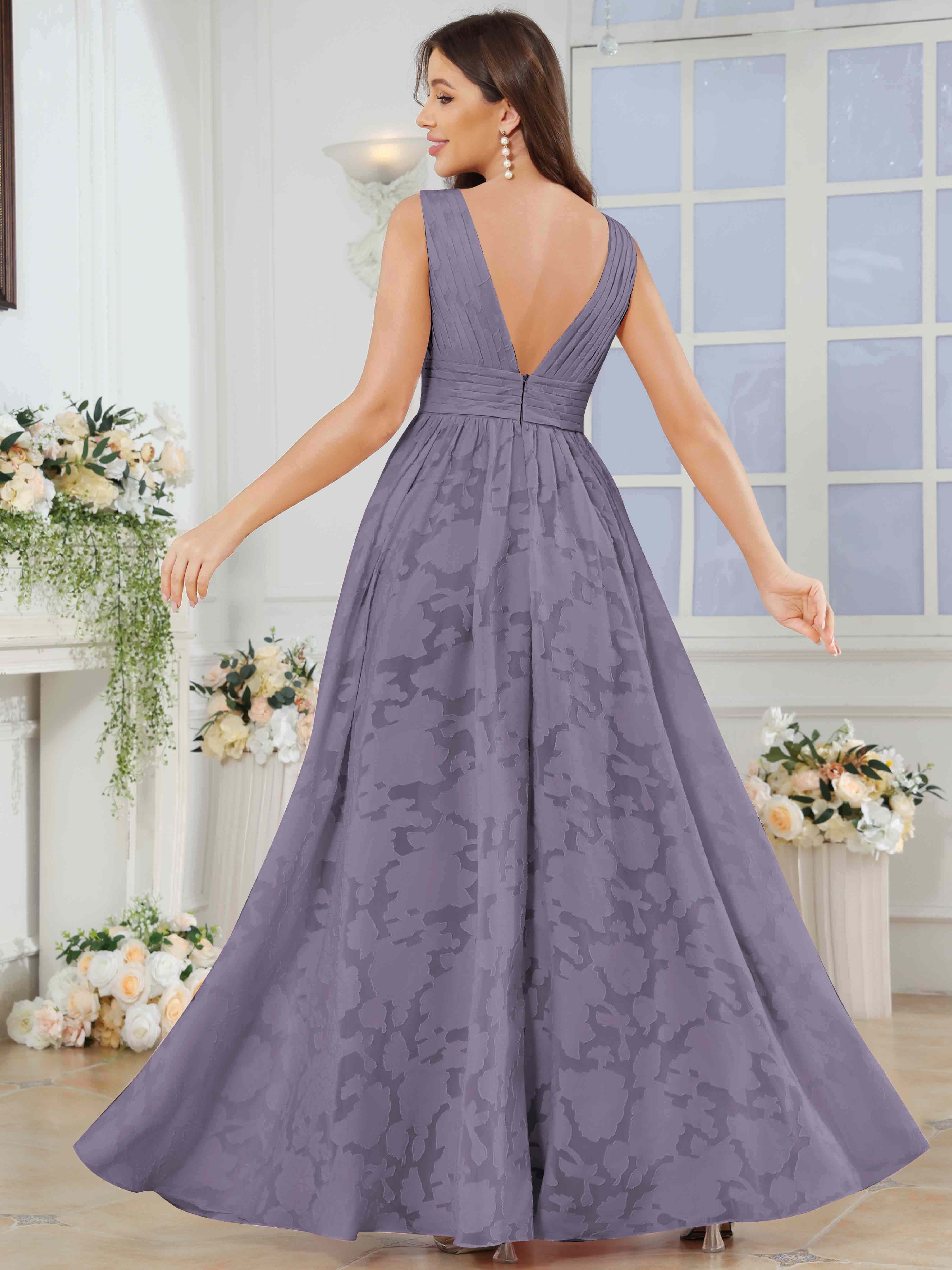 ROVDESY A-Line V-Neck Pleated Chiffon Jacquard Bridesmaid/Peom Dress With Slit