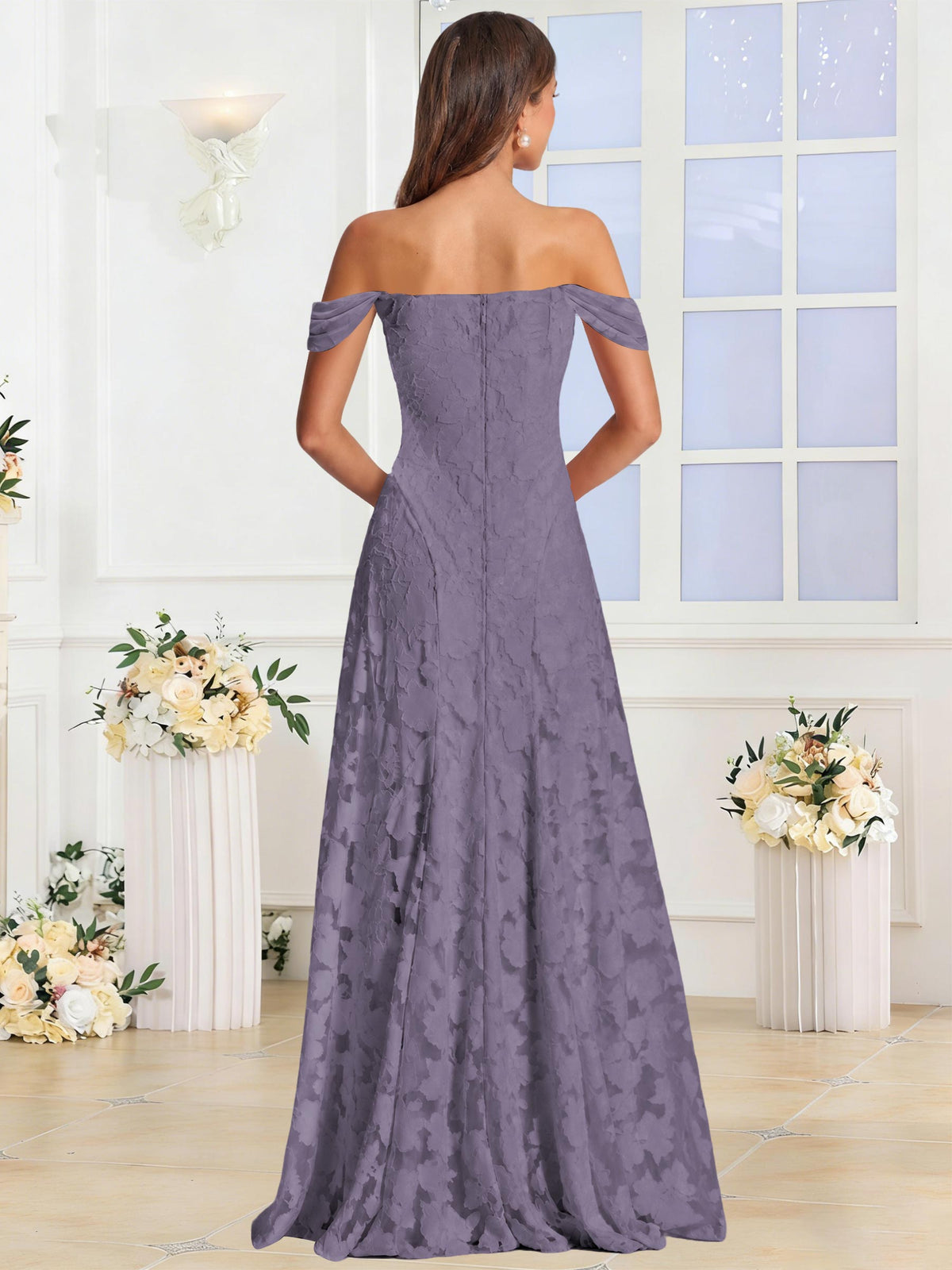 Off the Shoulder Floral Ruched A-line Bridesmaid Dress