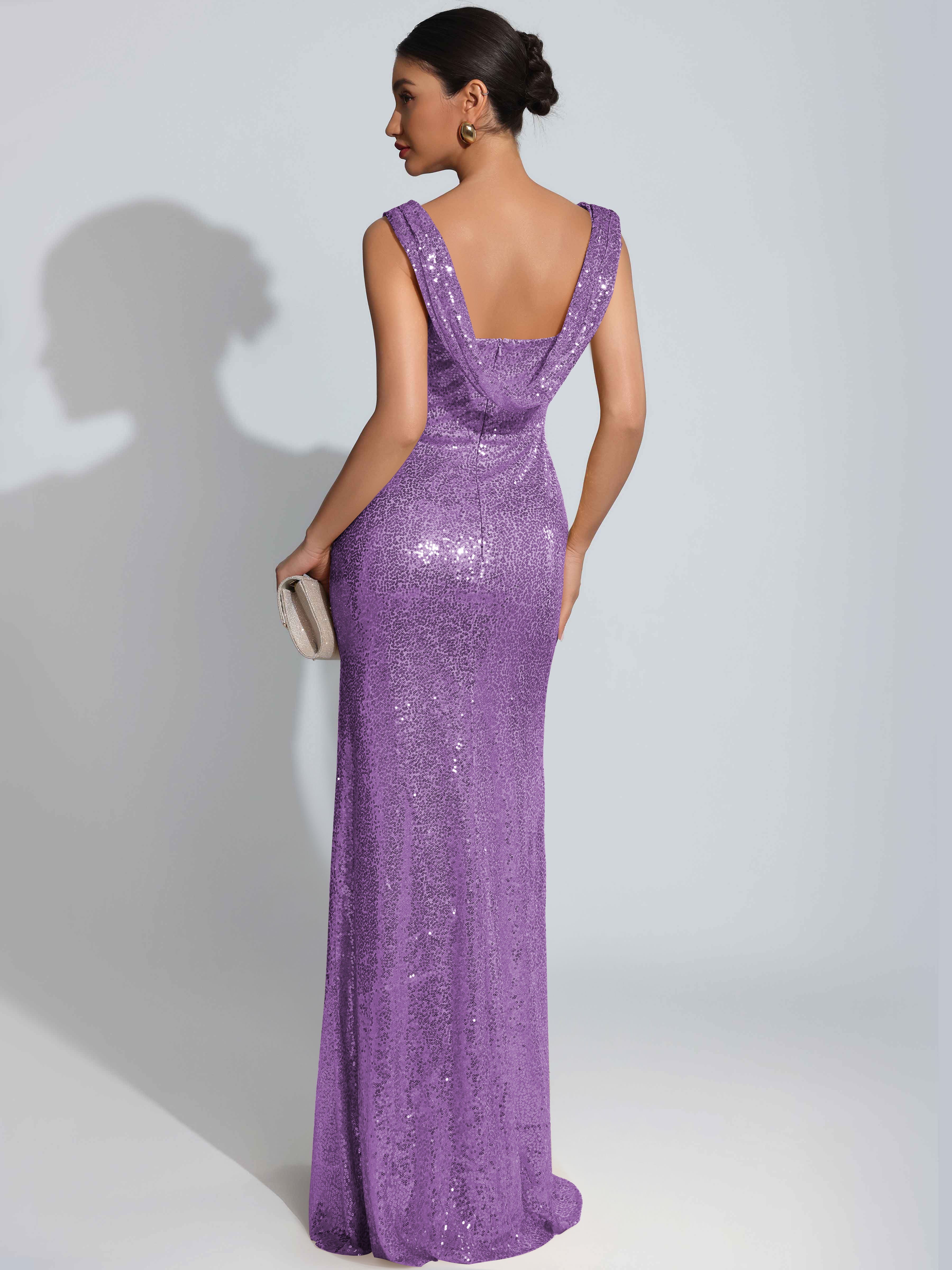 ROVDESY Sparkly Bateau Mermaid Ruched Sequin Long Prom Dress with Slit