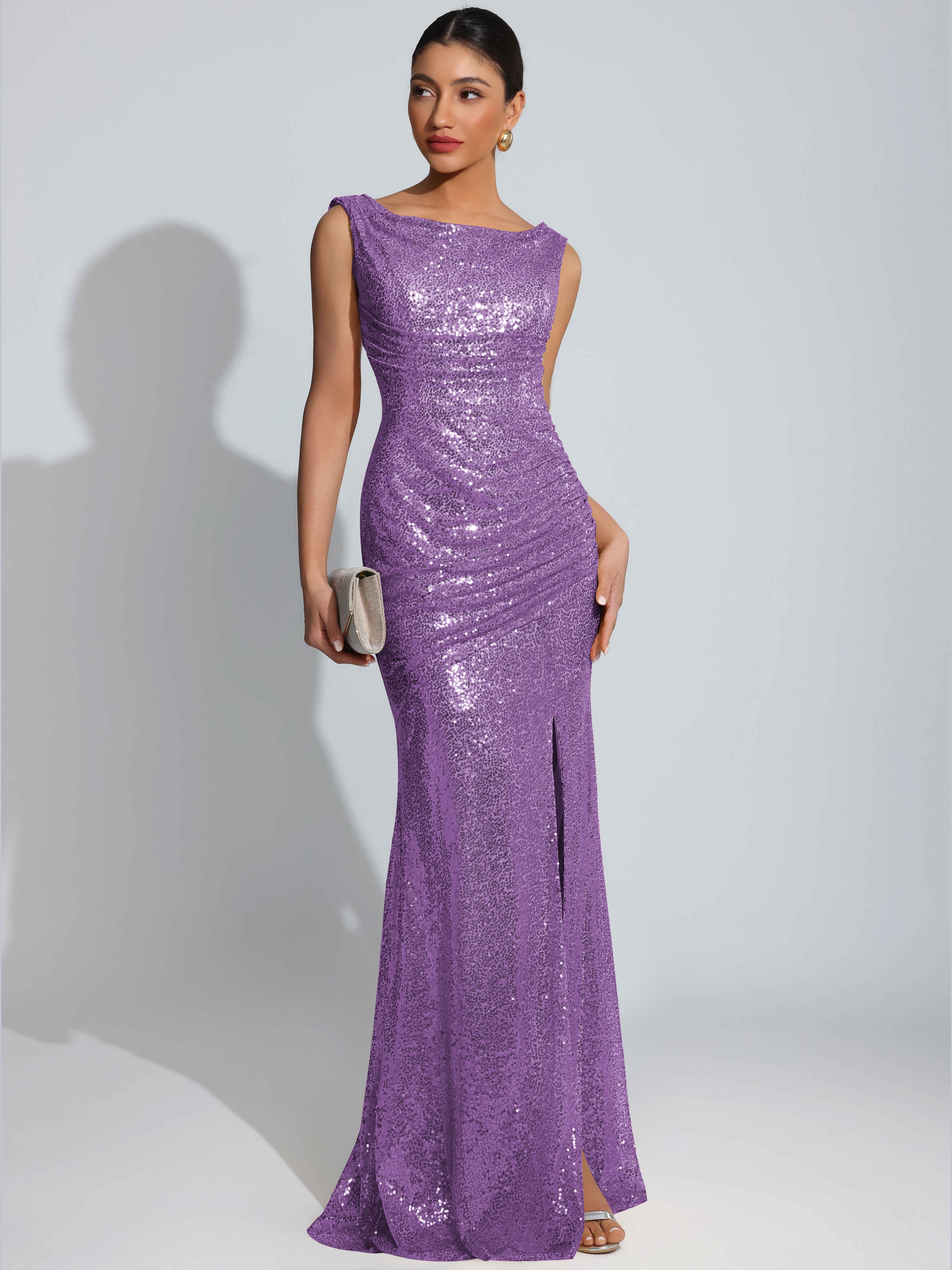 ROVDESY Sparkly Bateau Mermaid Ruched Sequin Long Prom Dress with Slit
