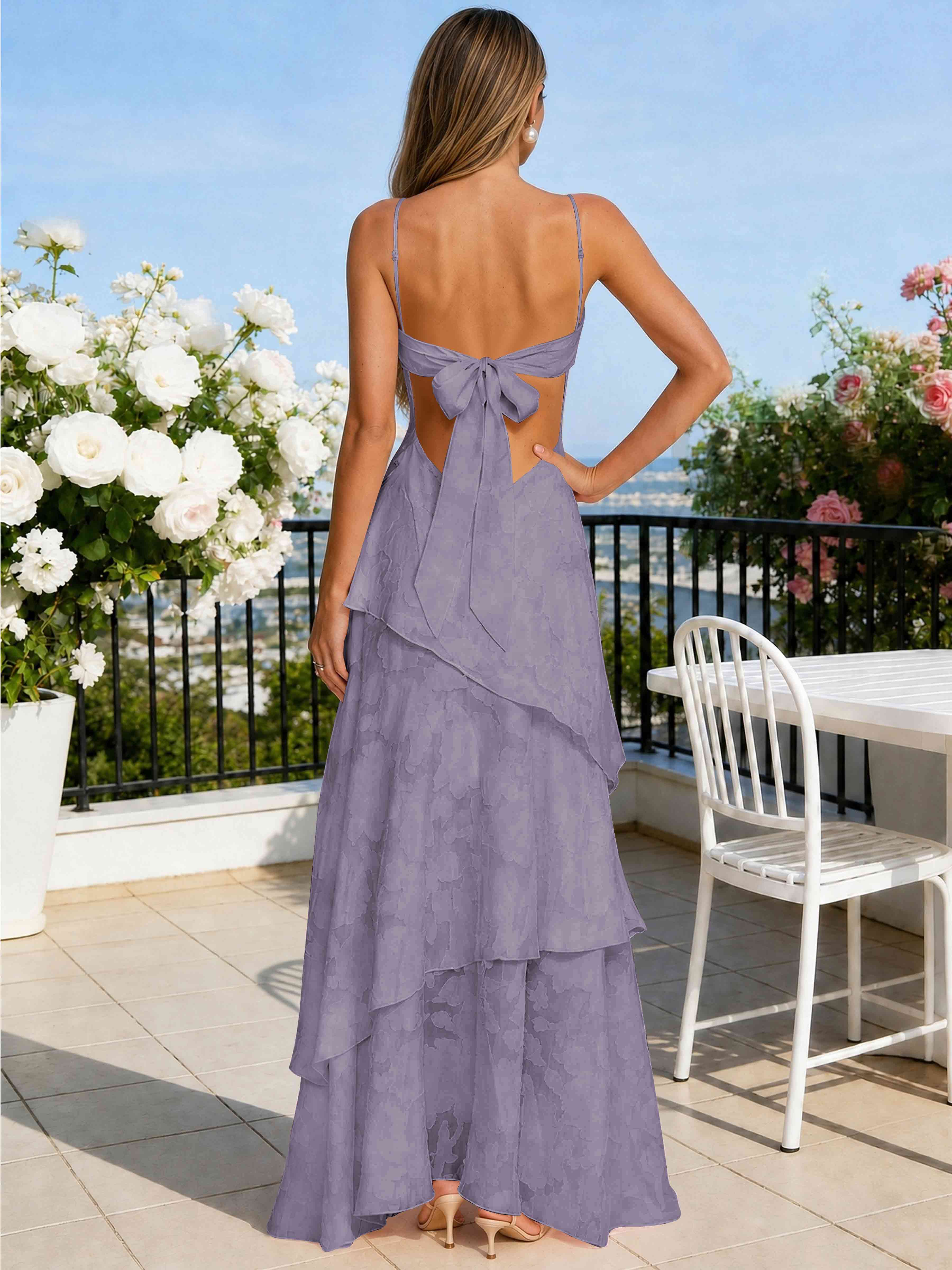 ROVDESY Spaghetti Strap V-Neck Chiffon Jacquard Tiered Ruffle Long Bridesmaid/Prom Dress