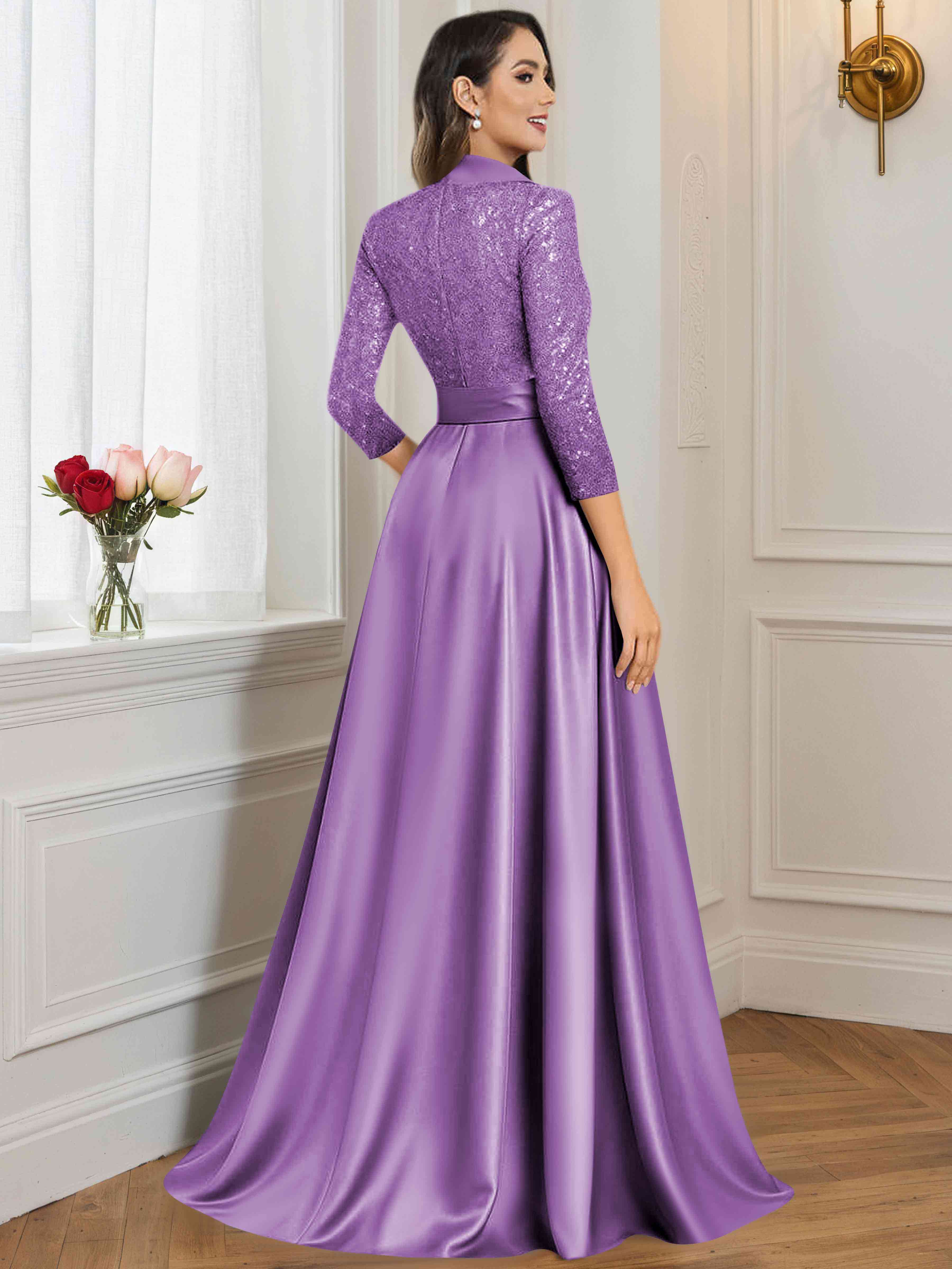 ROVDESY A-Line V Neck Sequin Satin  Long Mother of The Bride Dress Formal Gown With 3/4 Sleeves