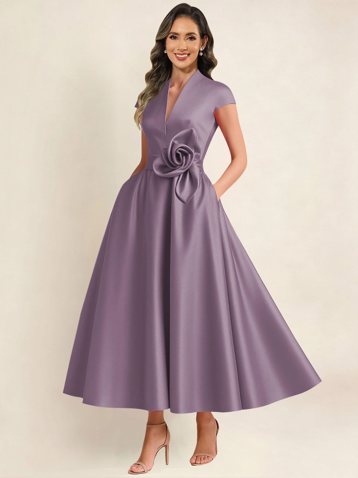 A Line V Neck 3D Flower Satin Mother of the Bride Dress
