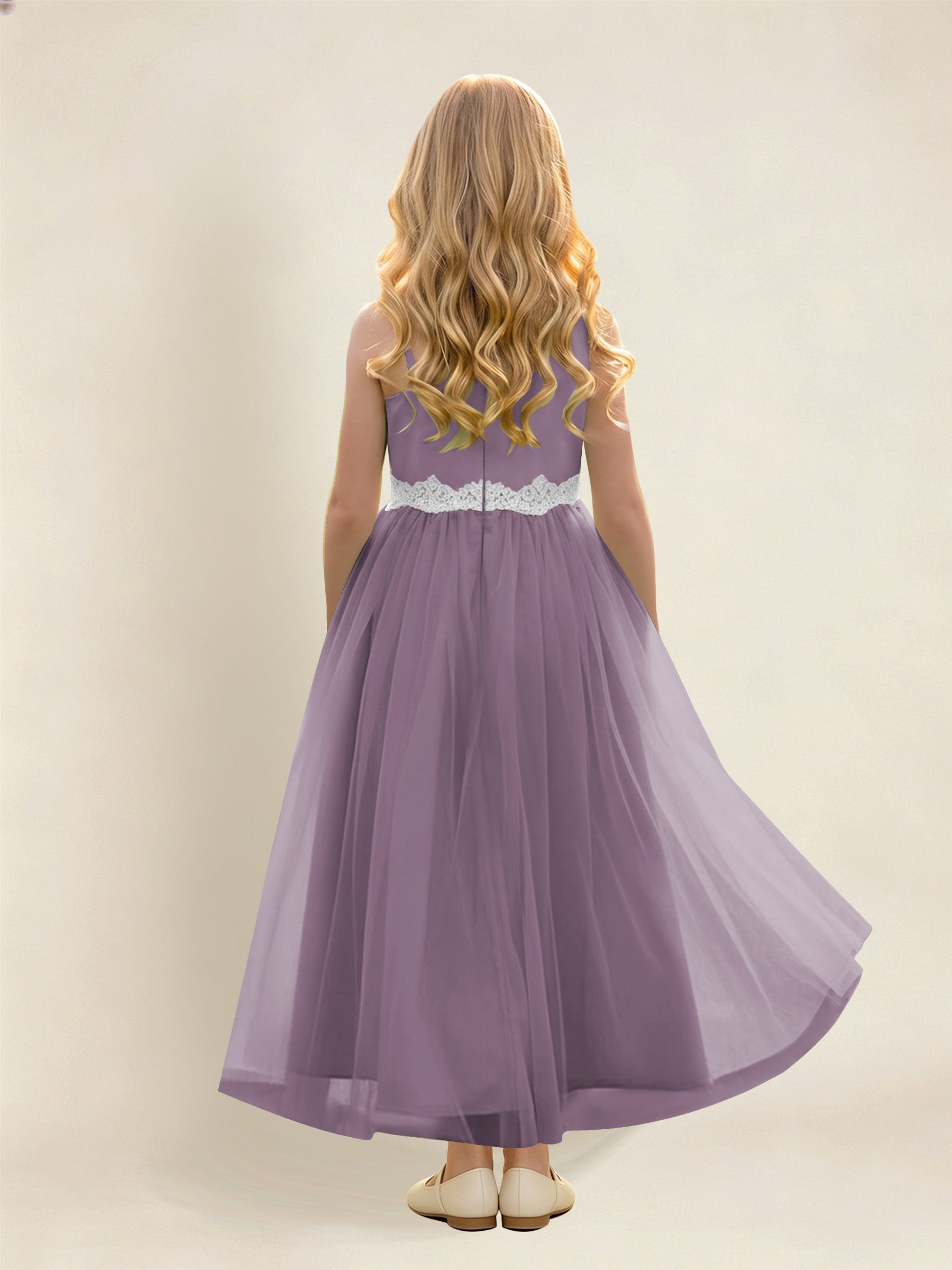 ROVDESY Asymmetric One Shoulder  Satin  Tulle Junior Bridesmaid Dress