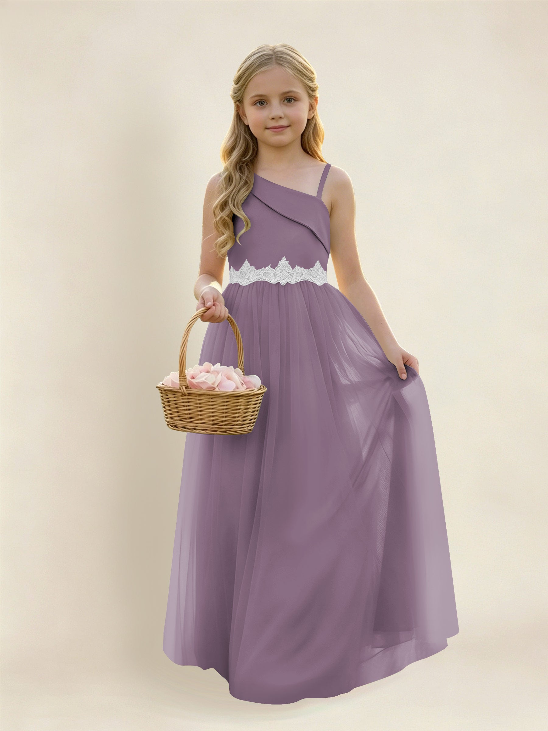 ROVDESY Asymmetric One Shoulder  Satin  Tulle Junior Bridesmaid Dress