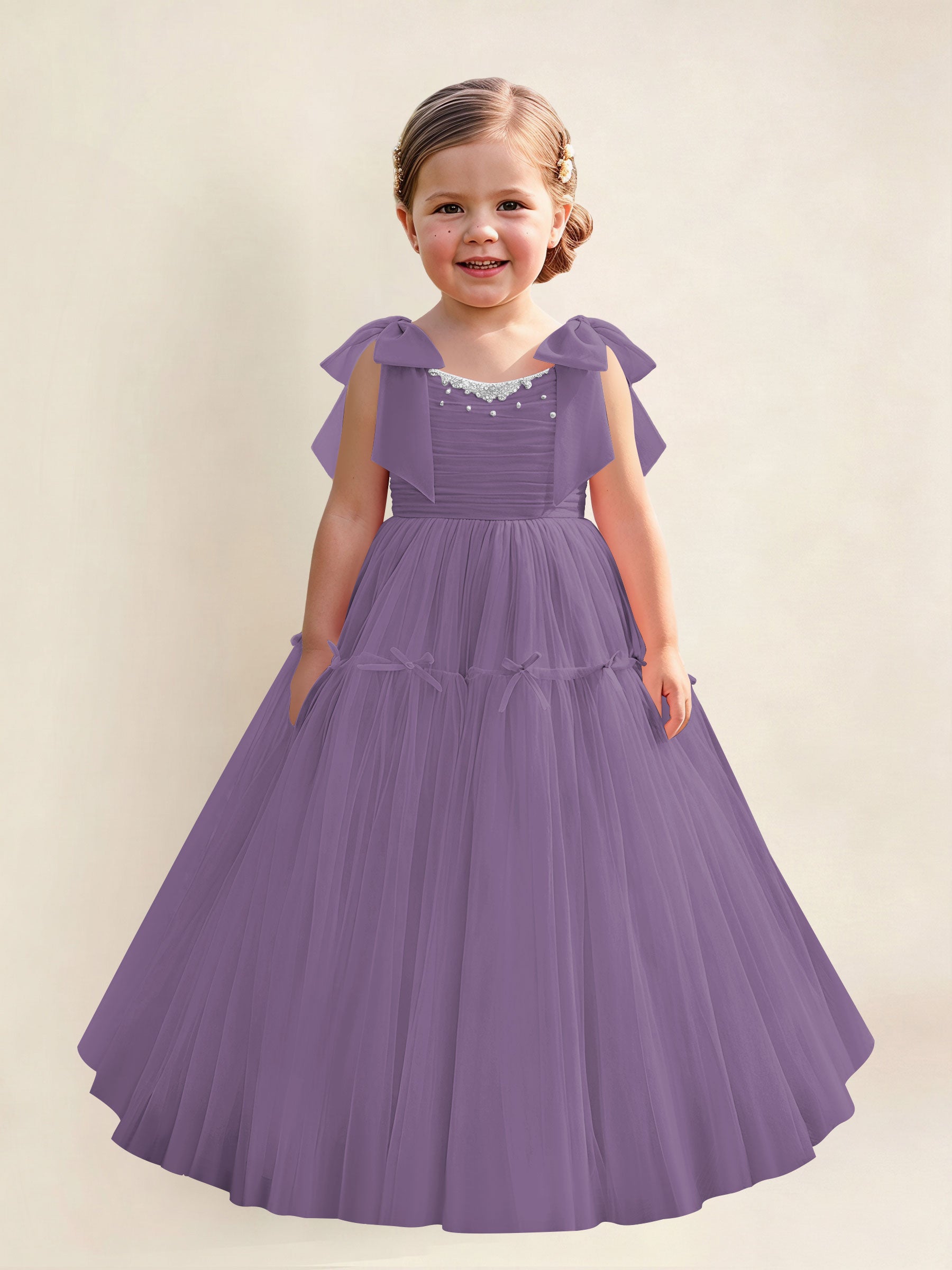 ROVDESY A-Line Tulle Flower Girl Dress With Bow Long Ball Gown Dress