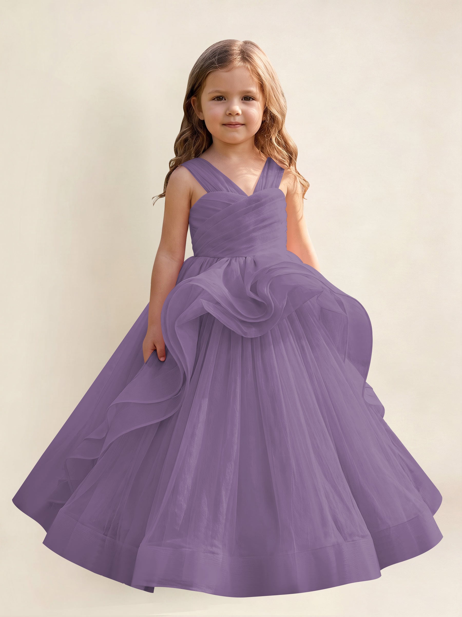 ROVDESY A-Line V-Neck Tulle Flower Girl Dress With Sleeveless Long Ball Gown Dress
