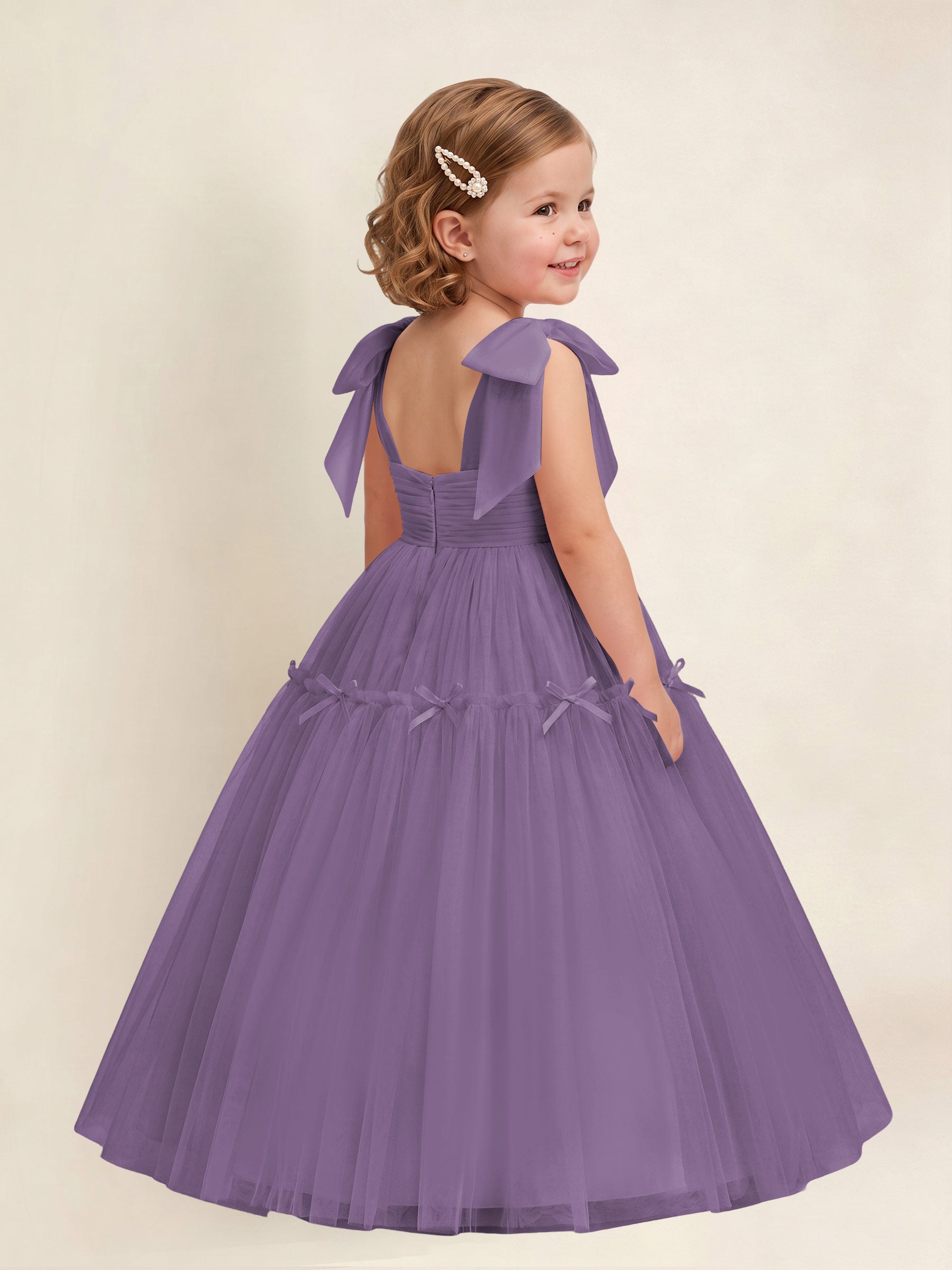 ROVDESY A-Line Tulle Flower Girl Dress With Bow Long Ball Gown Dress