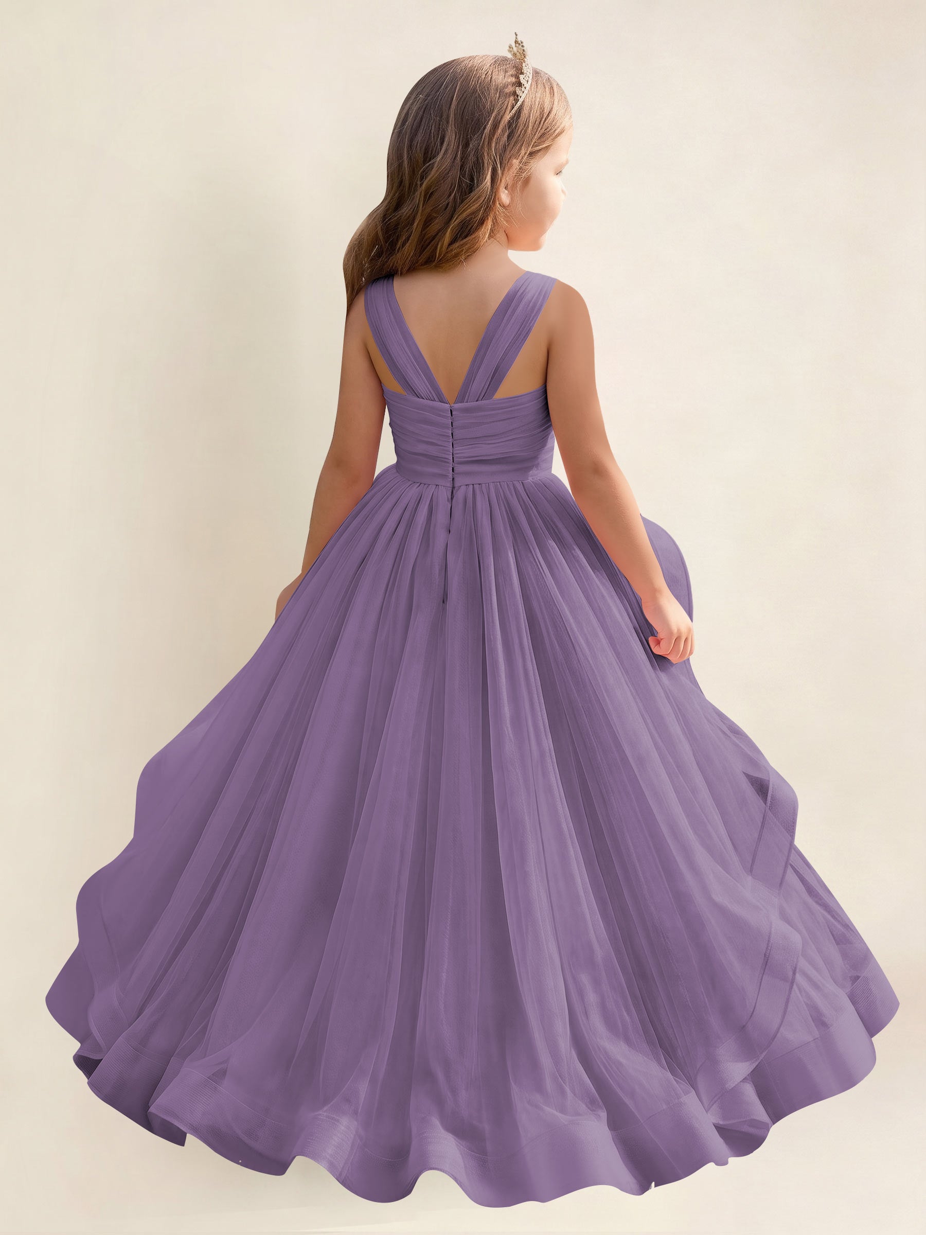 ROVDESY A-Line V-Neck Tulle Flower Girl Dress With Sleeveless Long Ball Gown Dress