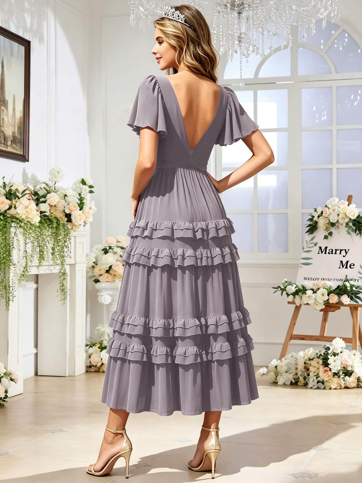 A Line Chiffon Pleated Bridesmaid Dress with Sleeves