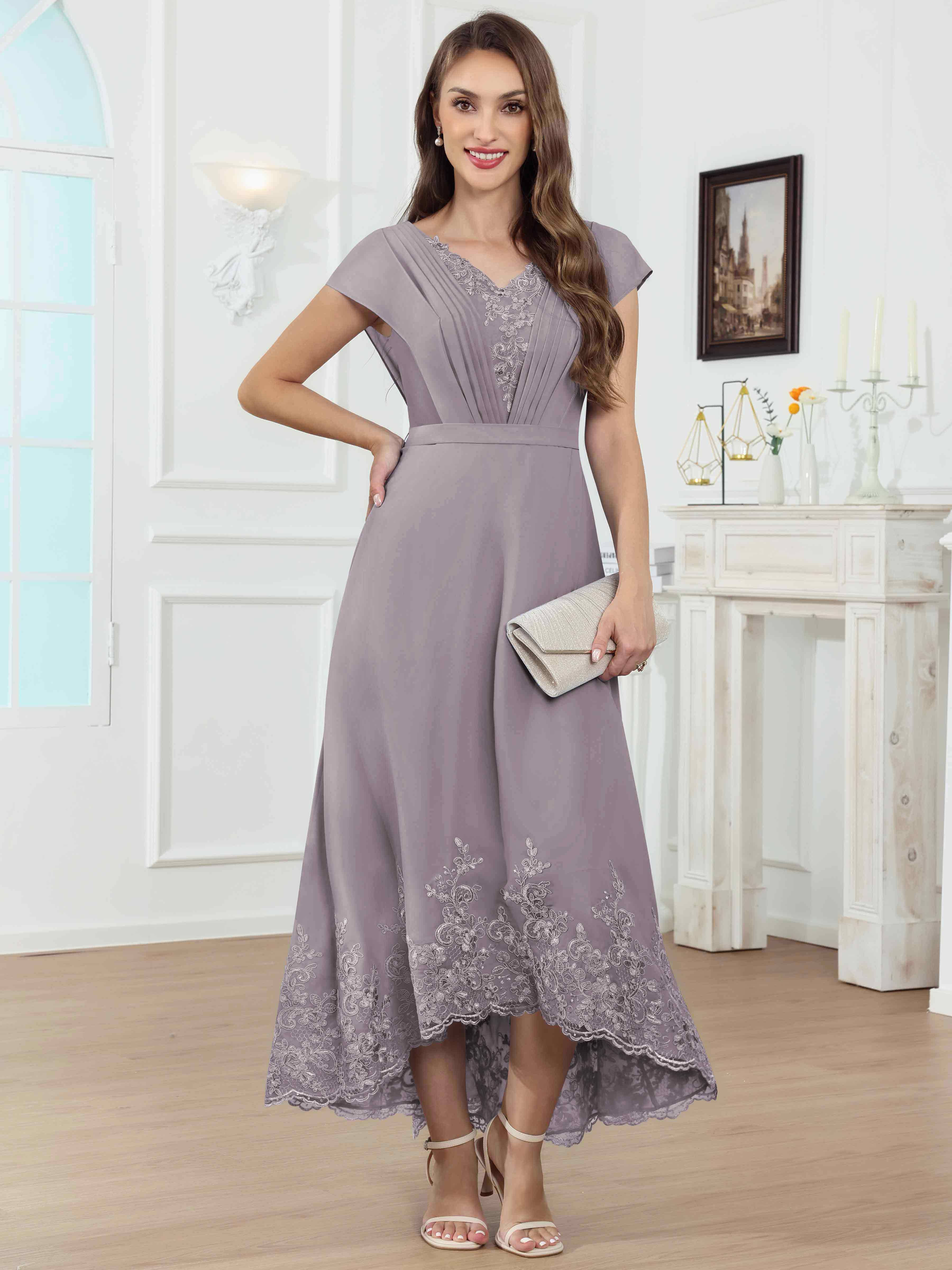 ROVDESY Tea Length High-Low V-Neck Ruched Lace Chiffon Mother of The Bride Dress for Women