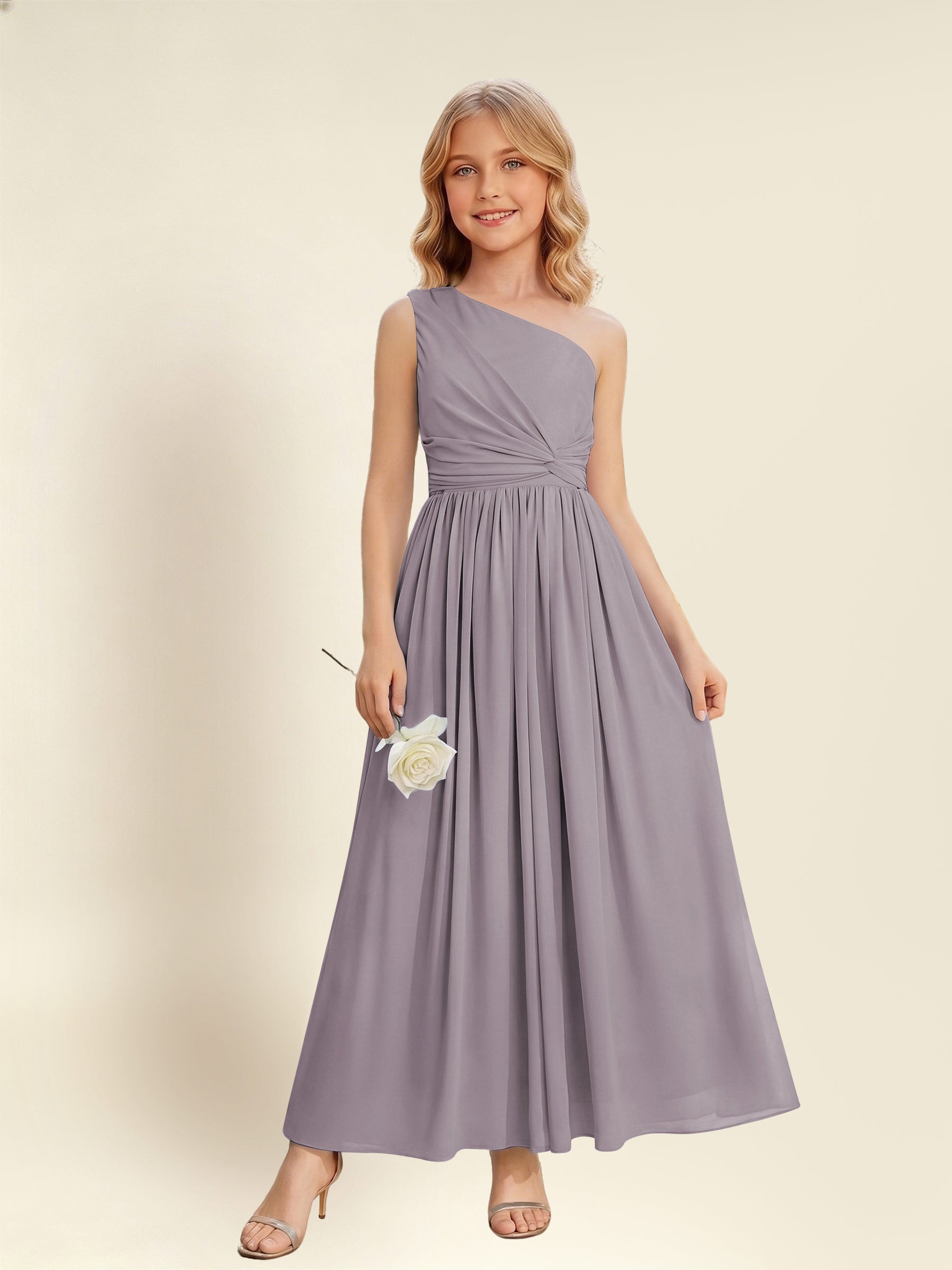 ROVDESY One Shoulder Twist Waist Chiffon Junior Bridesmaid Maxi Dress