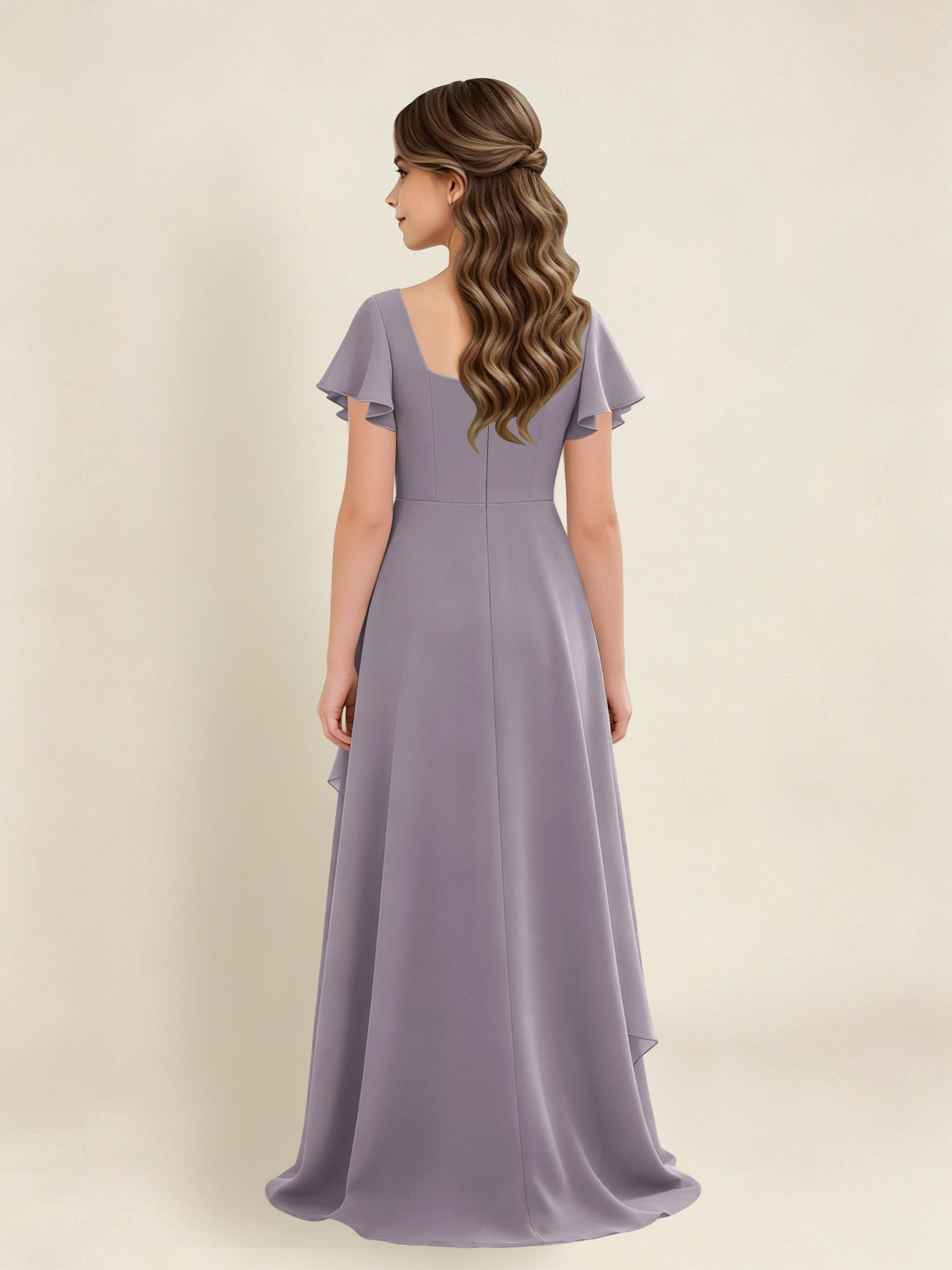 ROVDESY A-Line Square Neck Ruffle Chiffon Junior Bridesmaid Dress With Short Sleeves
