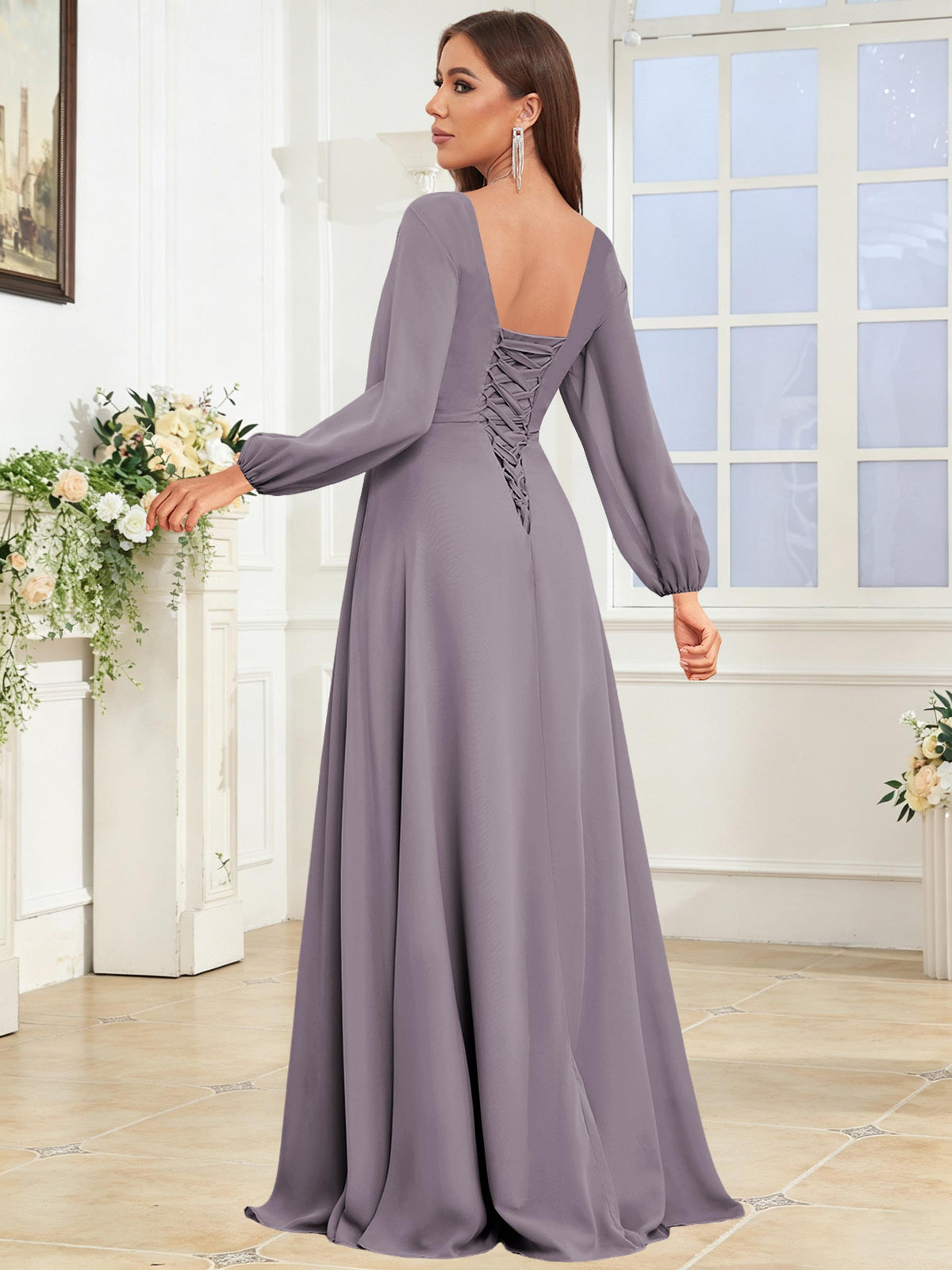 V Neck Chiffon Long Sleeve Bridesmaid Dresses with Slit