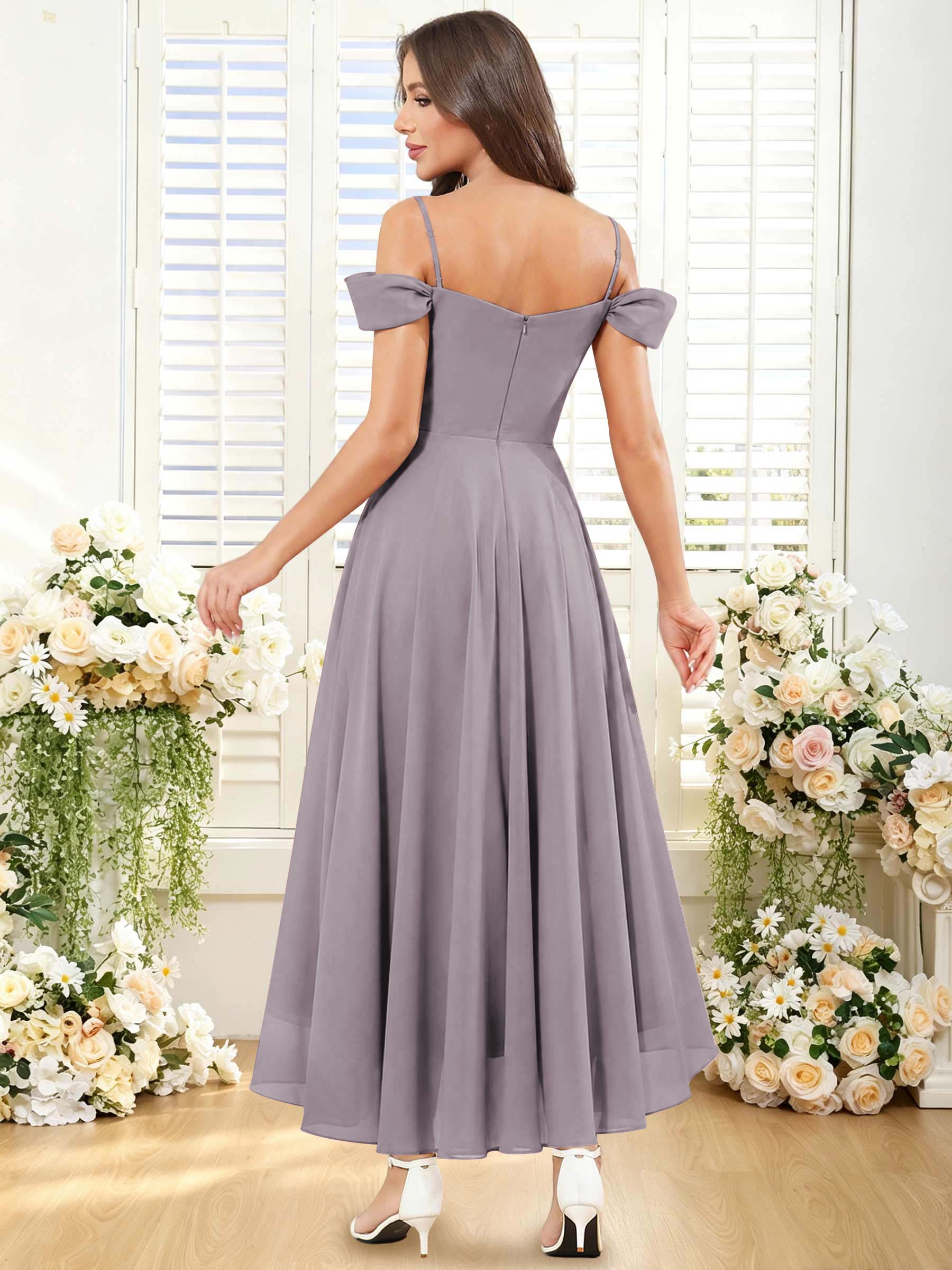 ROVDESY ROVDESY Short Cold Shoulder Sweetheart High Low Pleated Chiffon Bridesmaid Dress