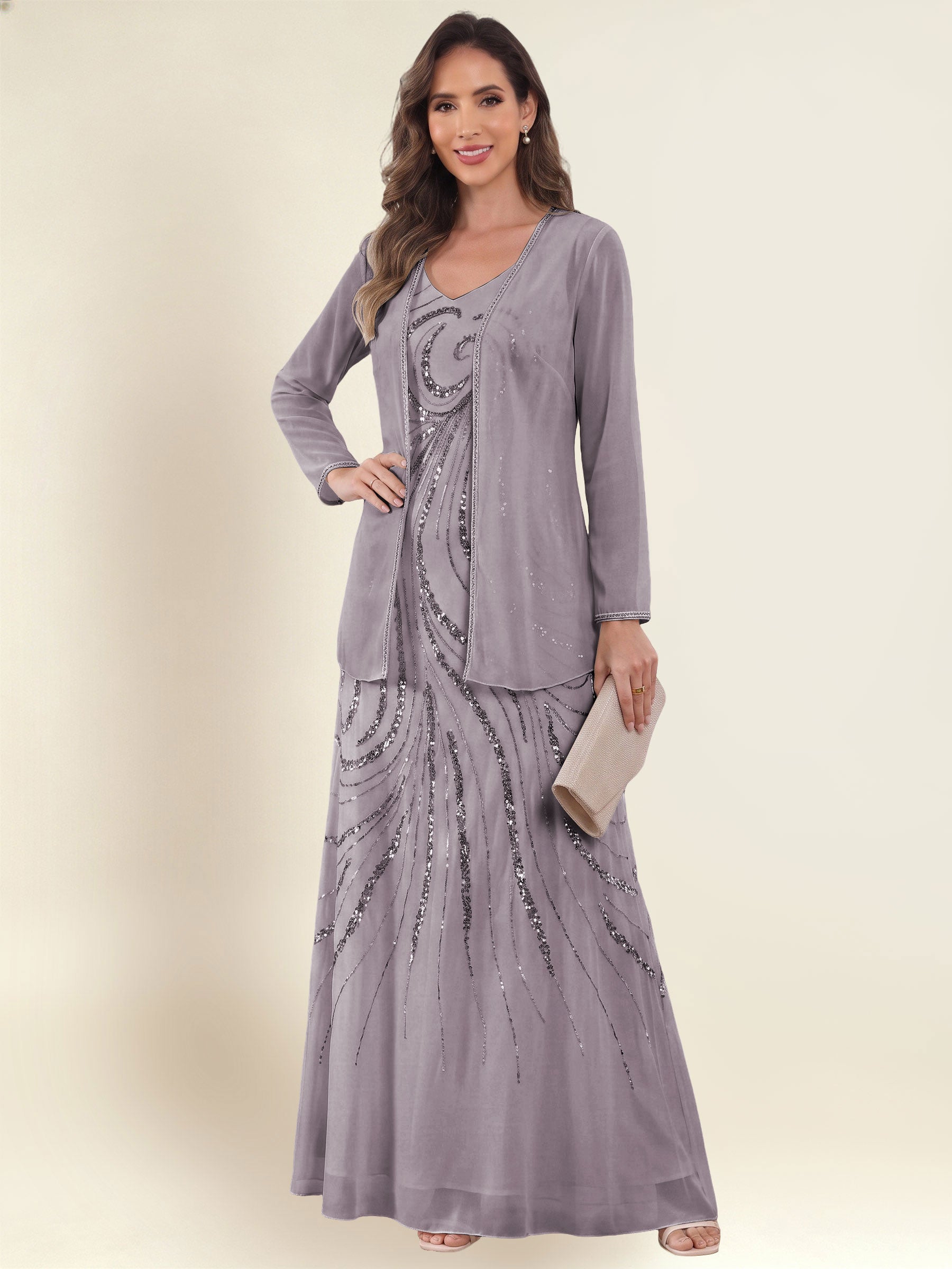 ROVDESY 2 Pieces V-Neck Sequin Chiffon Long Mother Of The Bride Dress With Long Sleeve Jacket