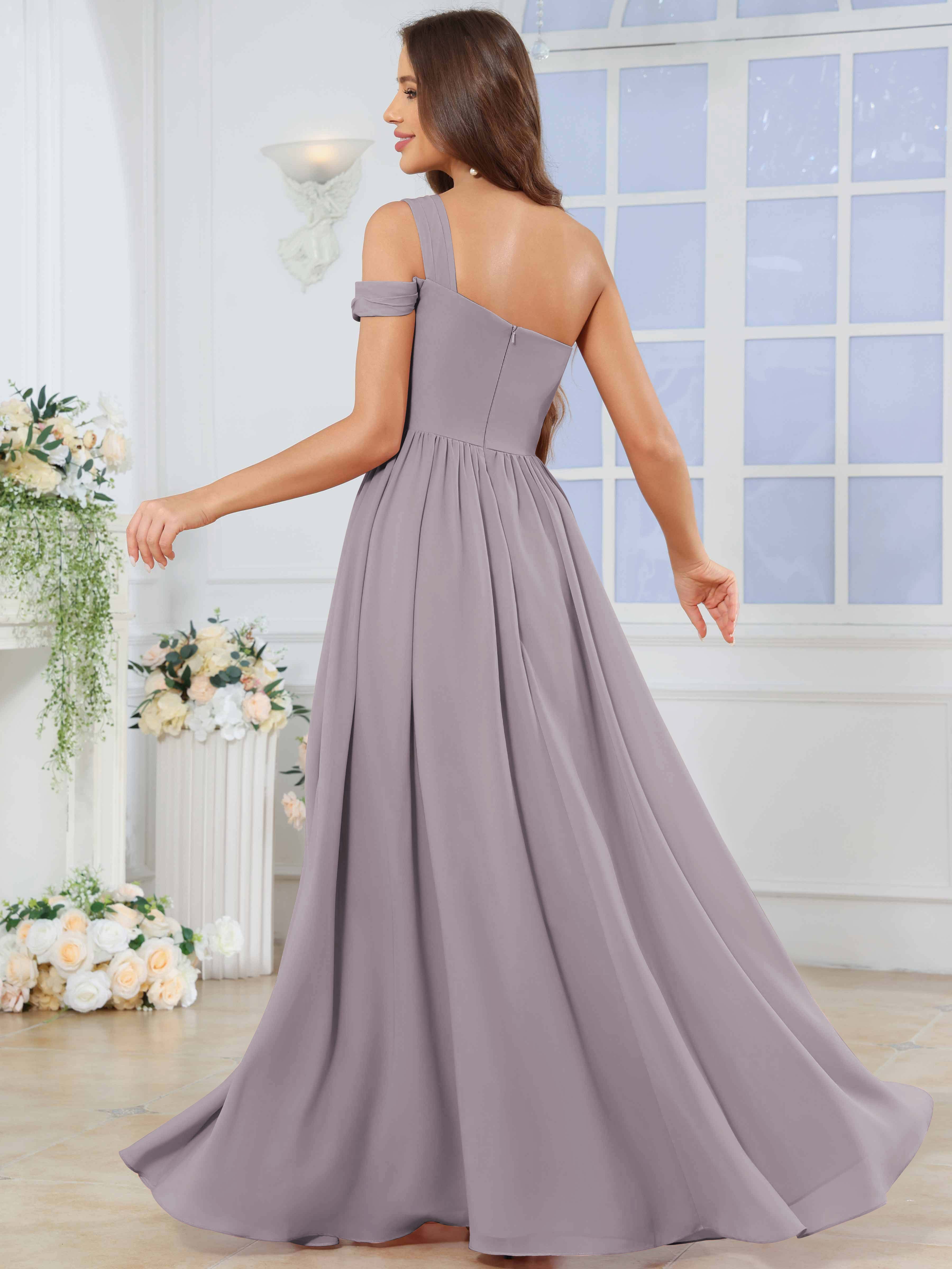 ROVDESY One Shoulder Pleated Chiffon Bridesmaid Dress With Slit