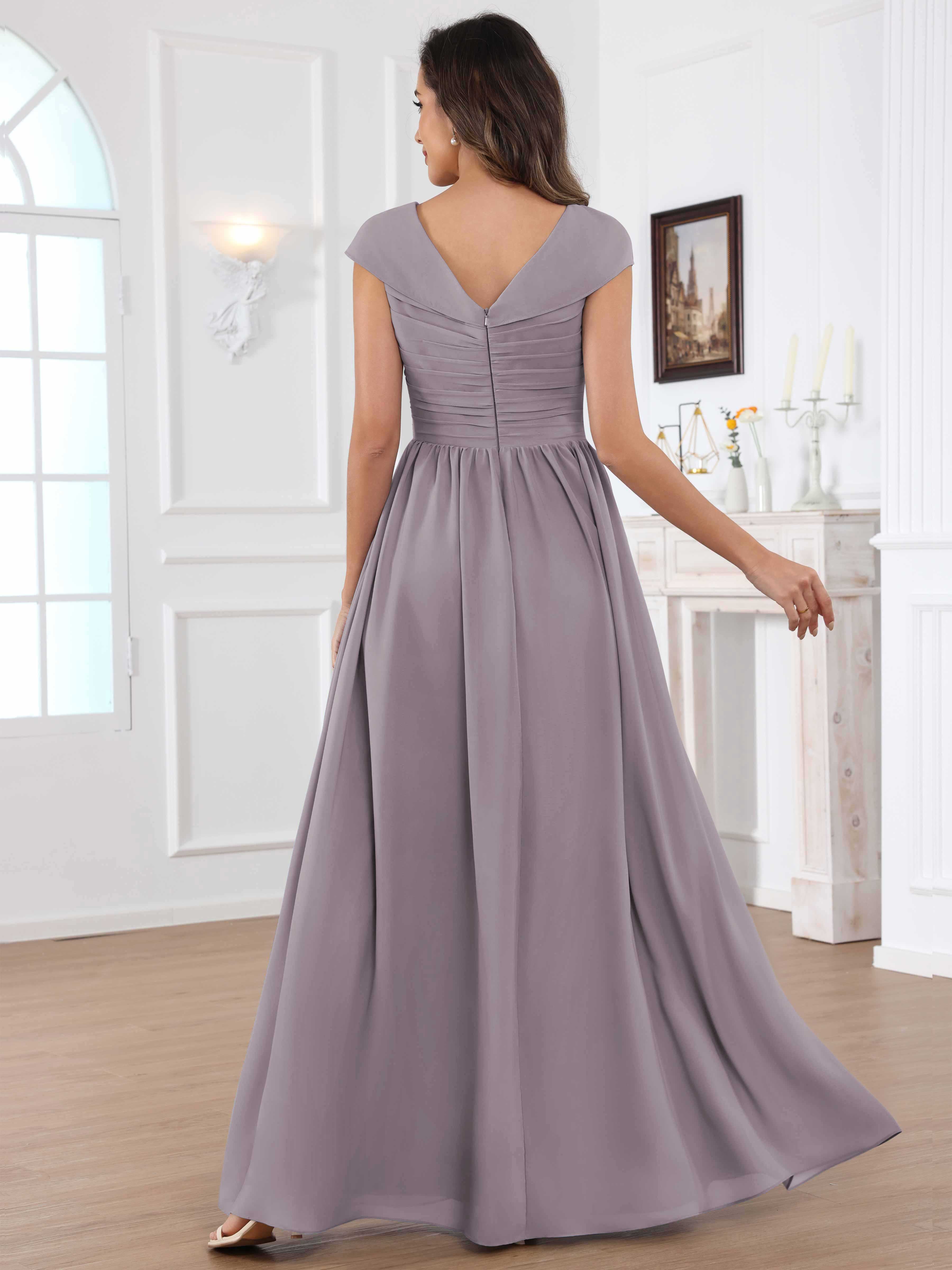 ROVDESY A-Line Cap Sleeves Pleated Chiffon Mother Of The Bride Dress
