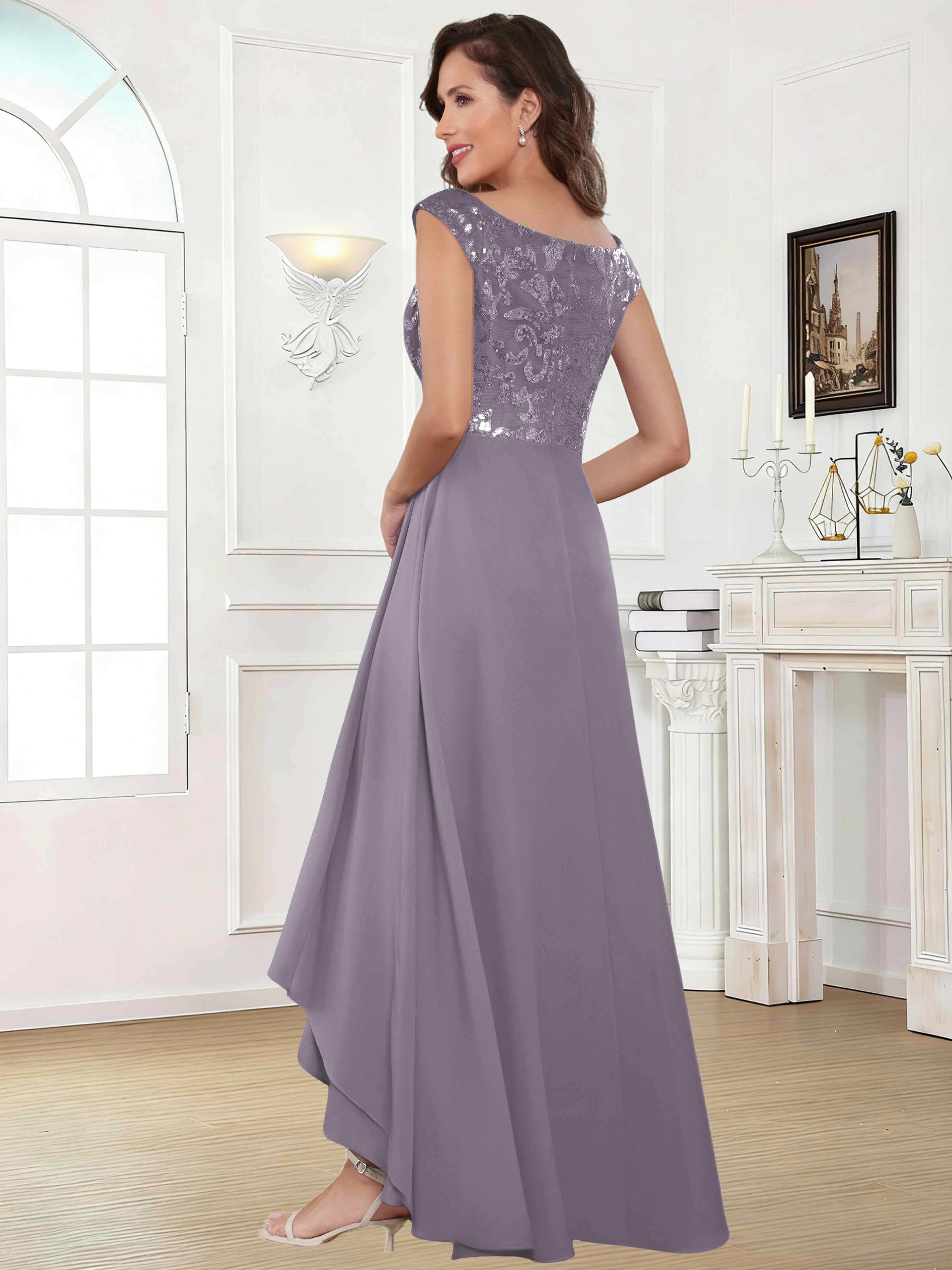 ROVDESY Tea Length Off-The-Shoulder Sequin Chiffon Mother Of The Bride Dress