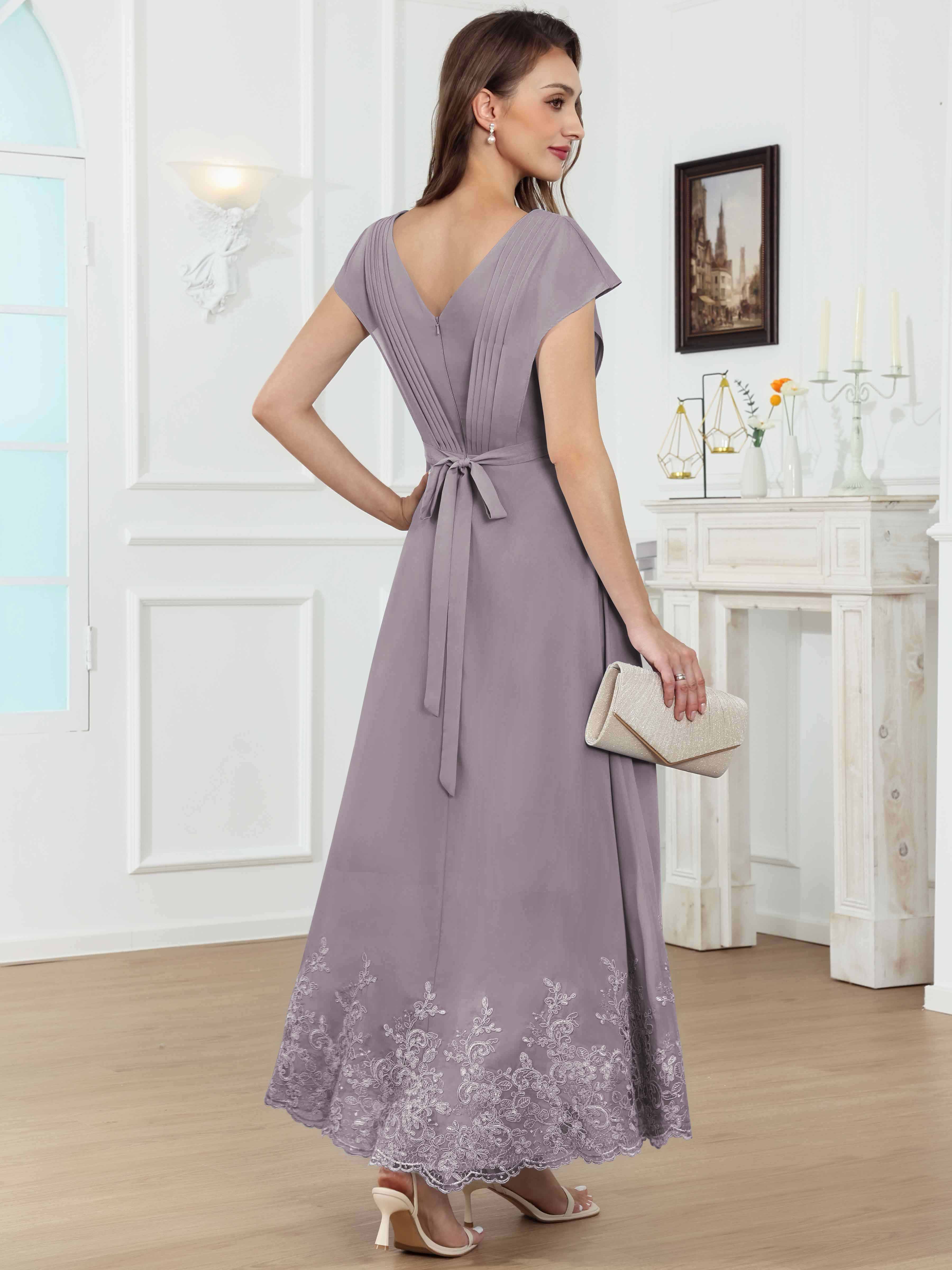 ROVDESY Tea Length High-Low V-Neck Ruched Lace Chiffon Mother of The Bride Dress for Women