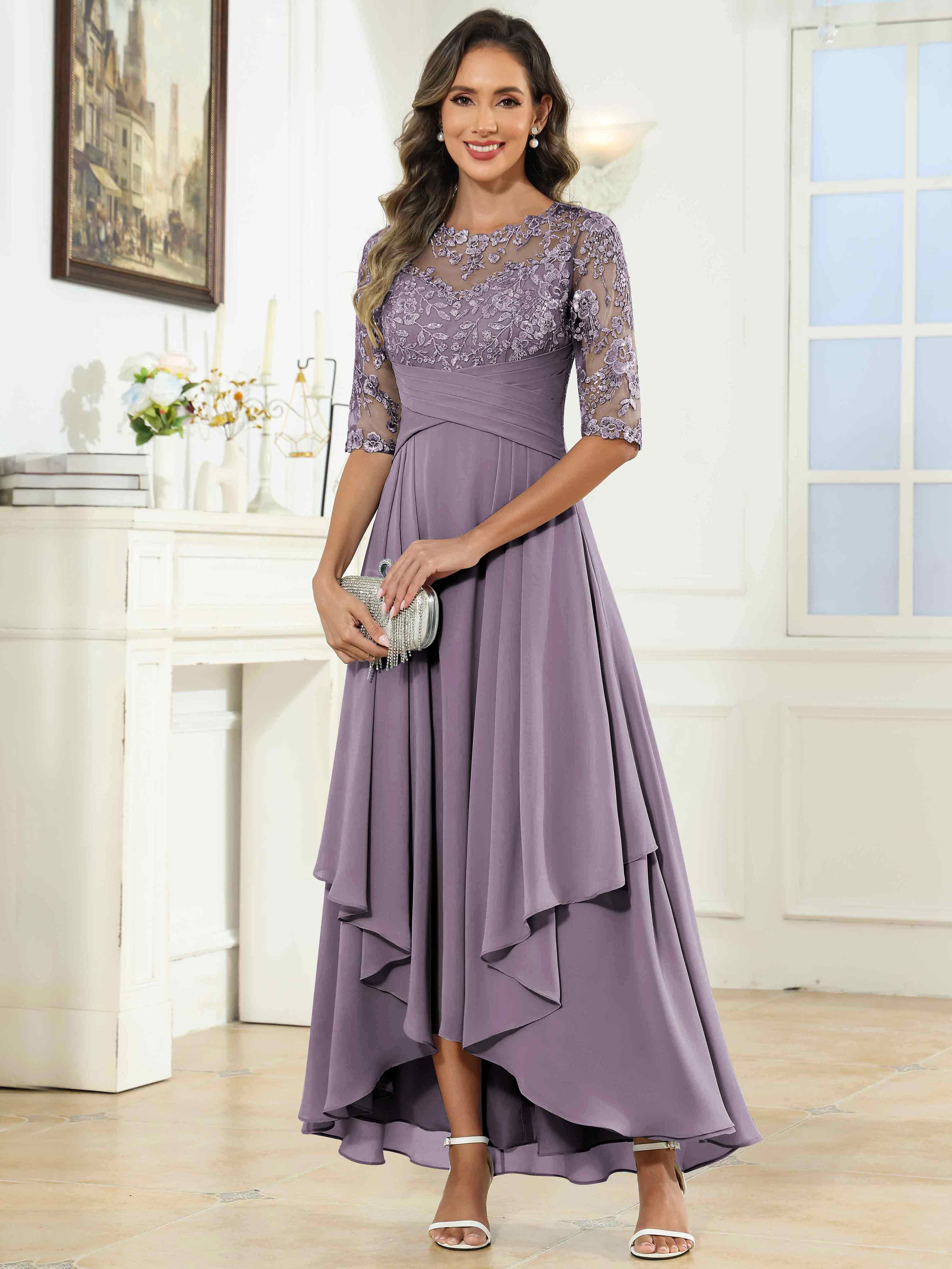 ROVDESY Tea Length A-Line Lace Chiffon Mother Of The Bride Dress With Half Sleeves