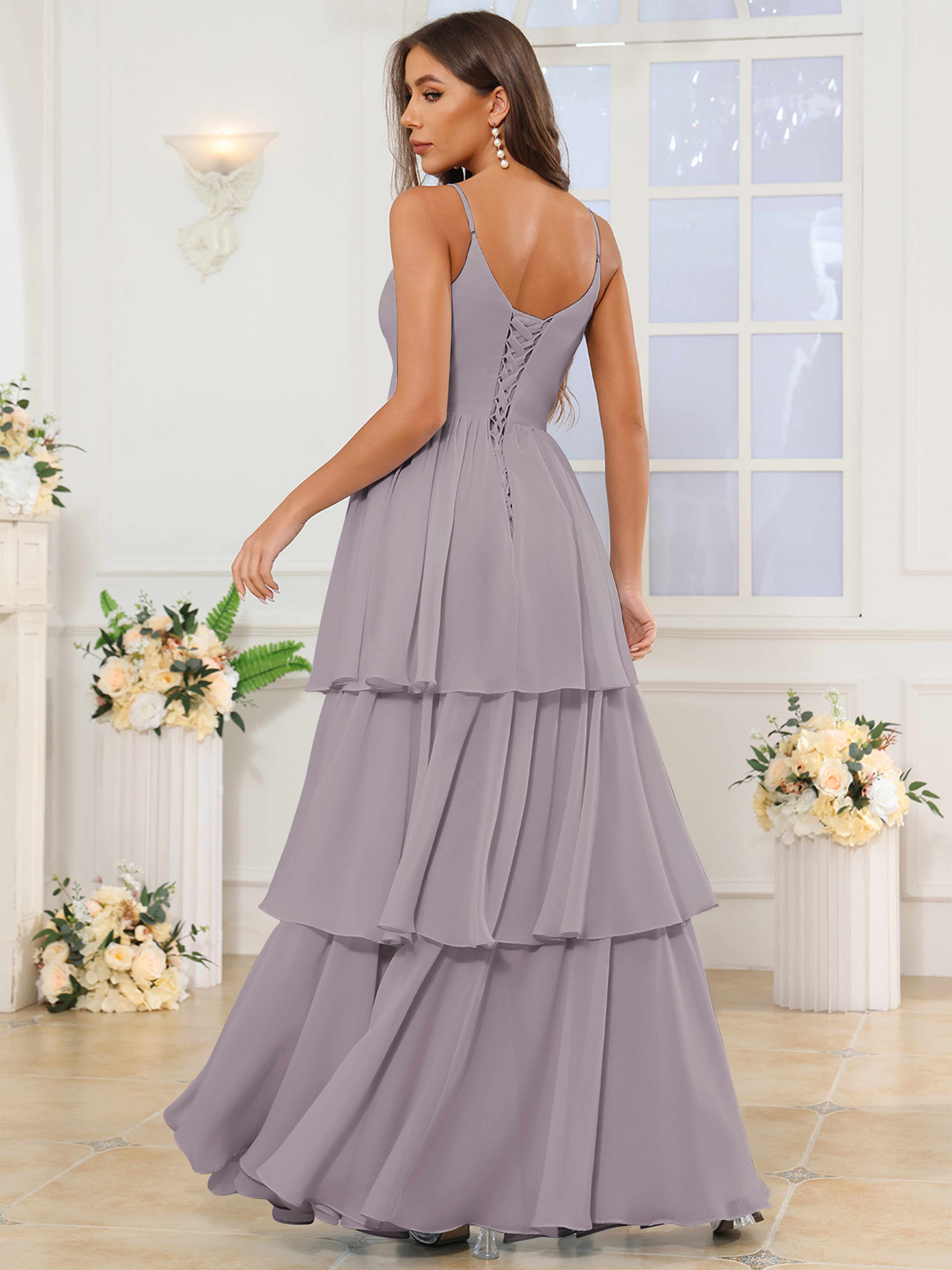 ROVDESY V-Neck Spaghetti Straps Tiered Chiffon Bridesmaid Dress With Ruffles