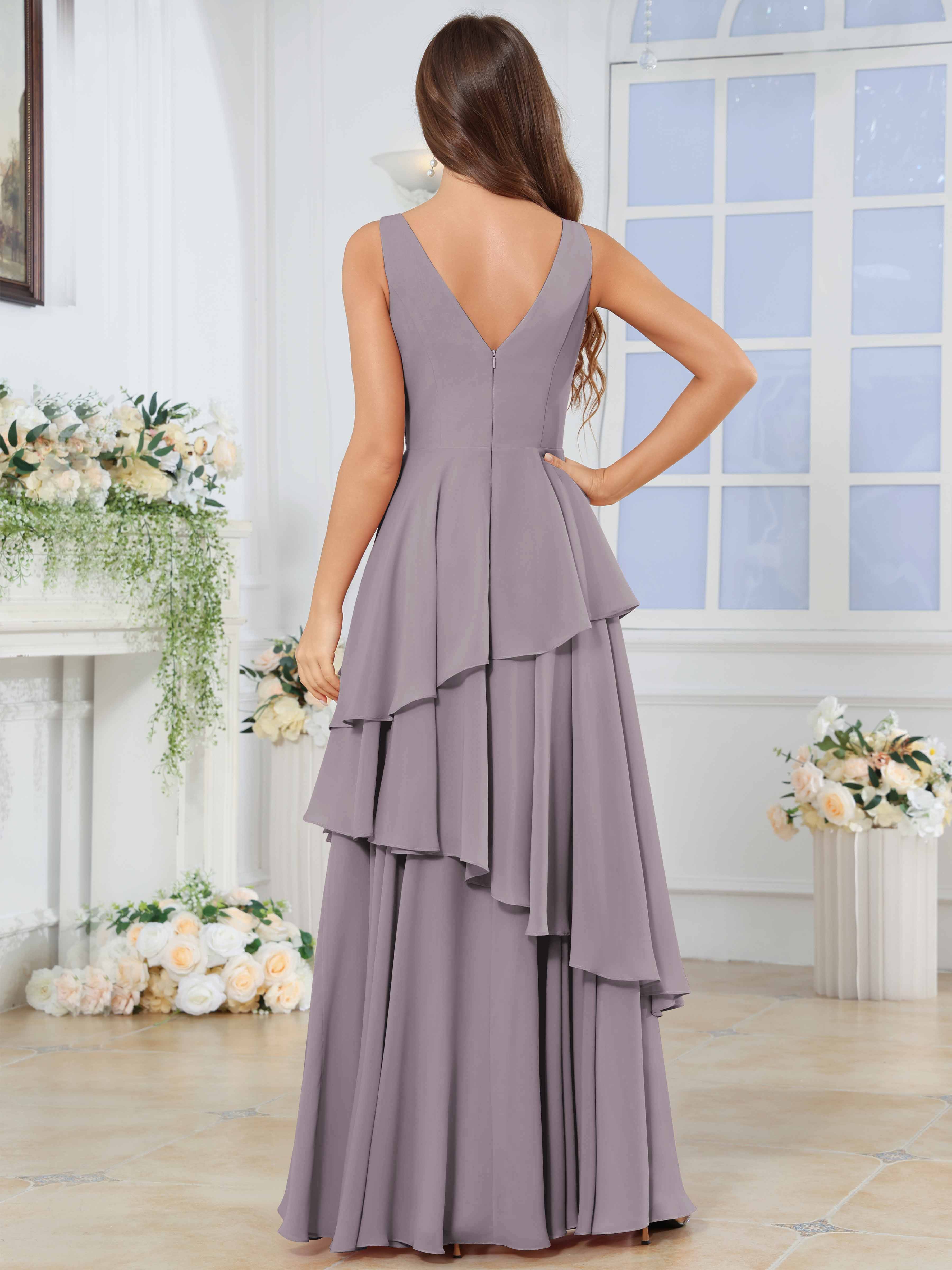 ROVDESY Long Sleeveless V-Neck Tiered Pleated Chiffon Bridesmaid Dress