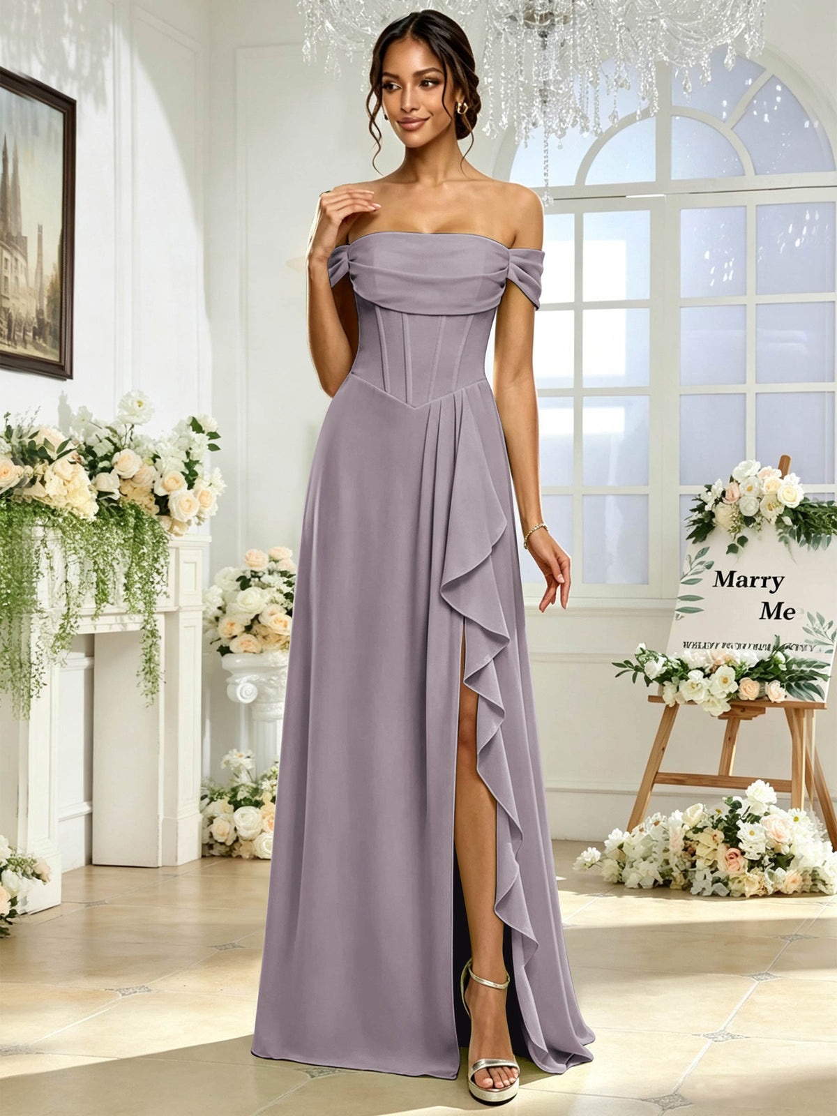 Off the Shoulder Chiffon A Line Long Bridesmaid Dress with Slit