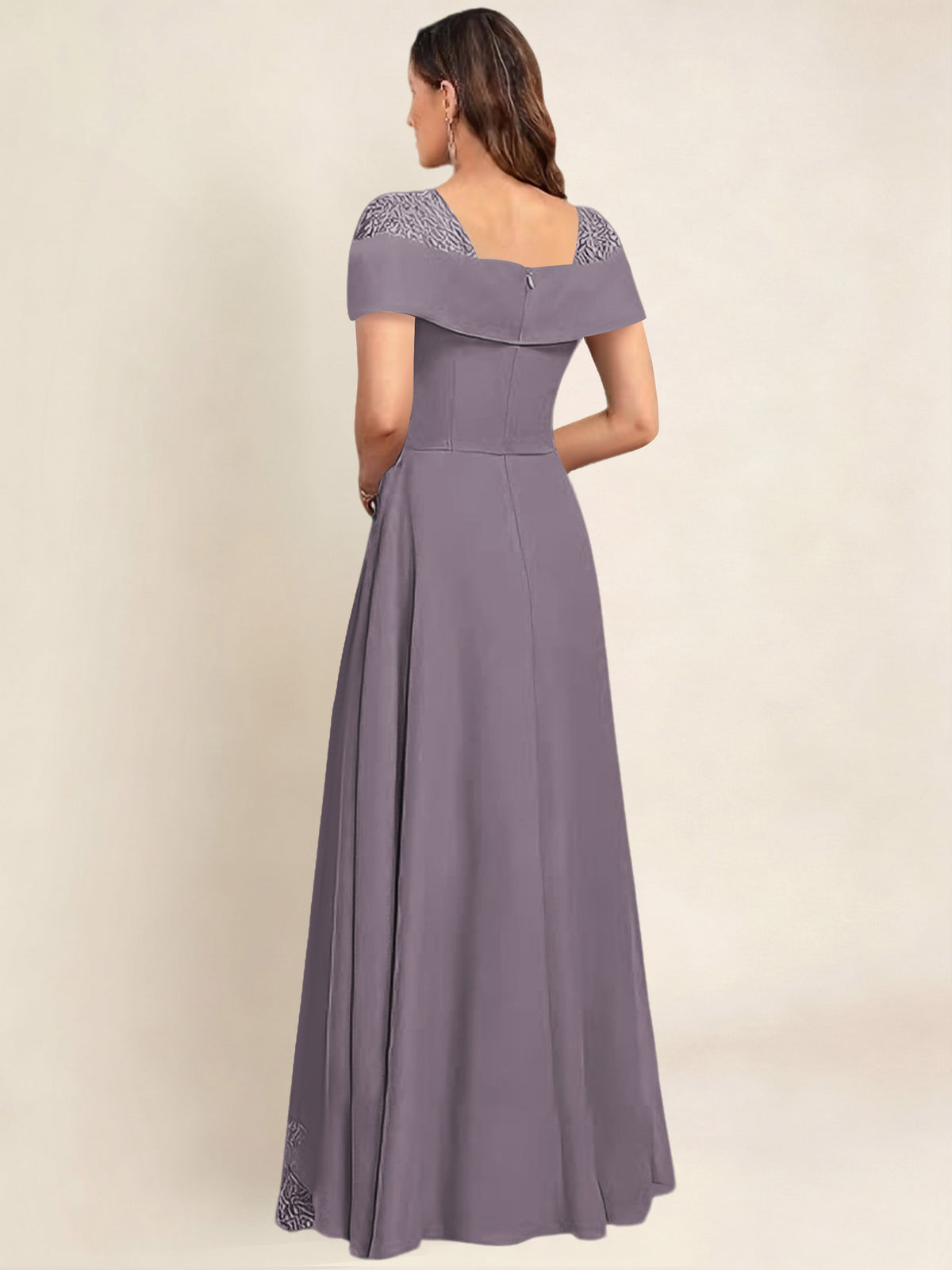 ROVDESY A-Line Off The Shoulder Lace Chiffon Long Mother of the Bride Dress Formal Gown