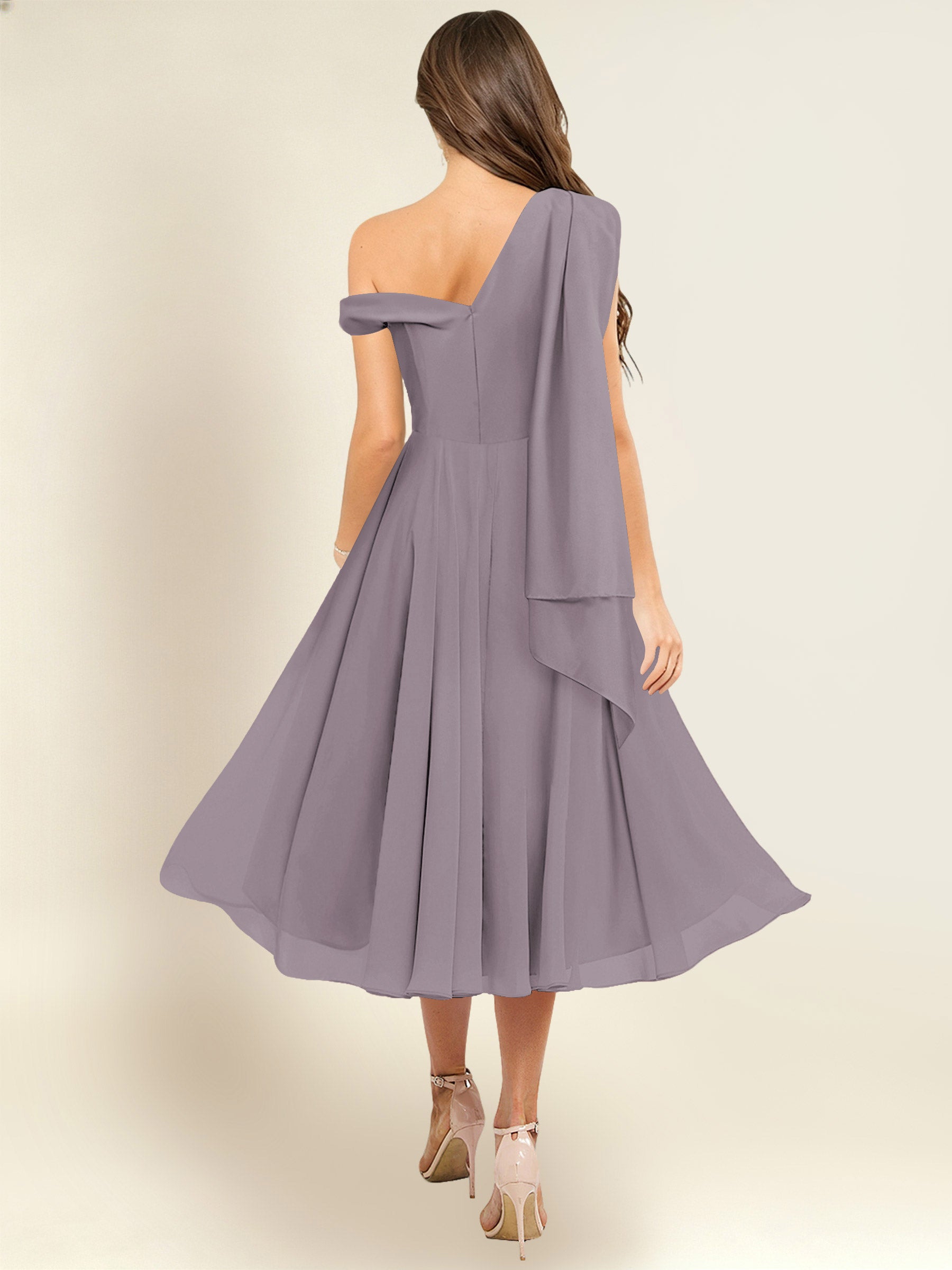 ROVDESY A-Line One Shoulder Pleated Chiffon Bridesmaid Dress With Flowing Sash