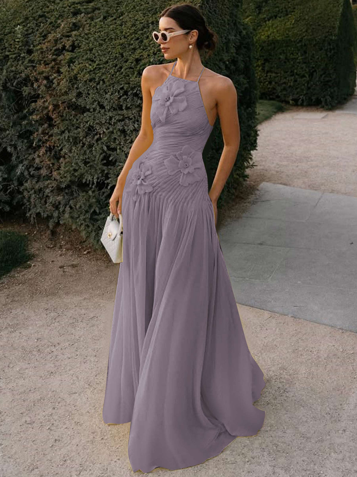 Halter Long Pleated Chiffon Prom Dress with 3D Flower