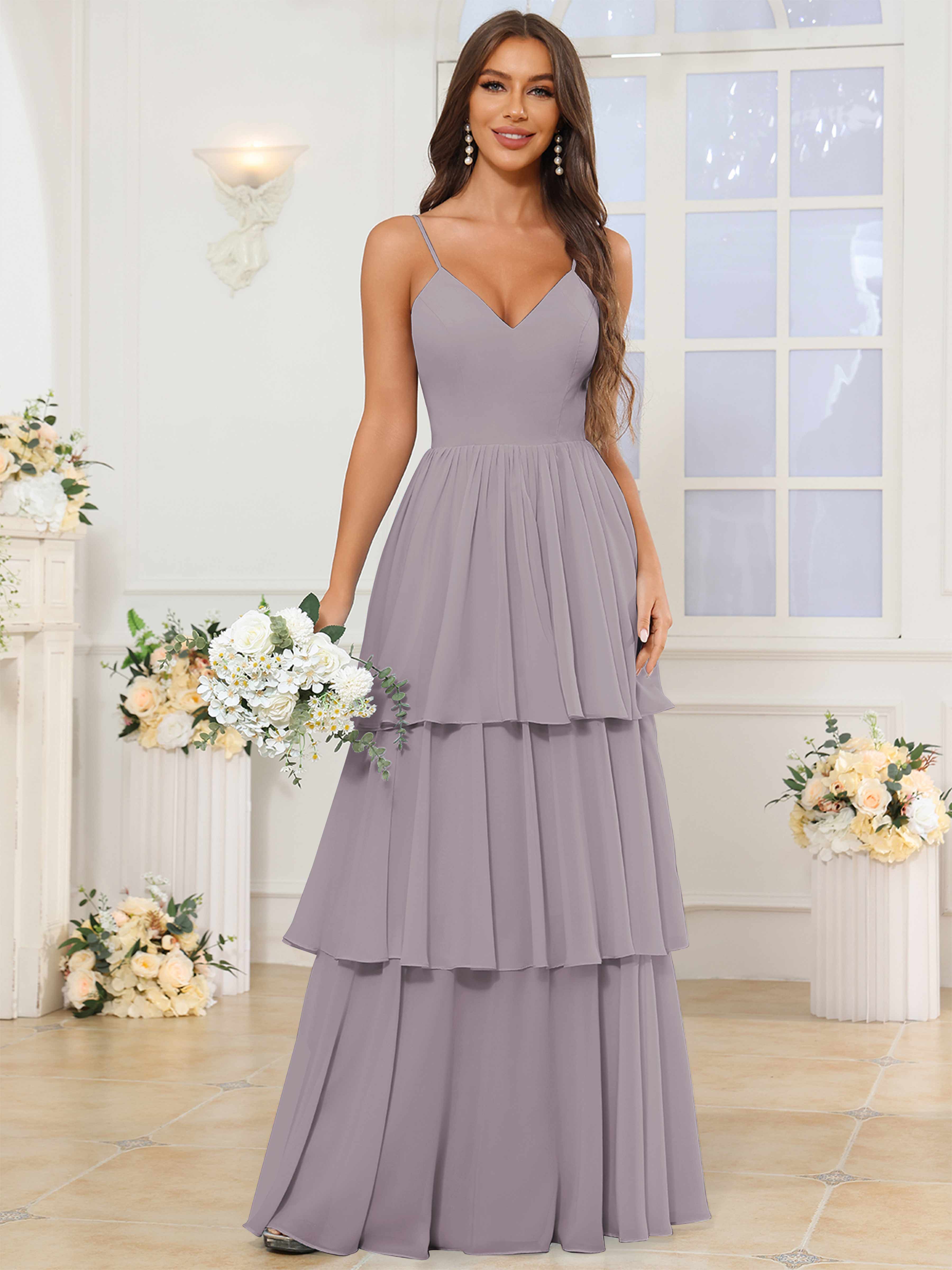 ROVDESY V-Neck Spaghetti Straps Tiered Chiffon Bridesmaid Dress With Ruffles
